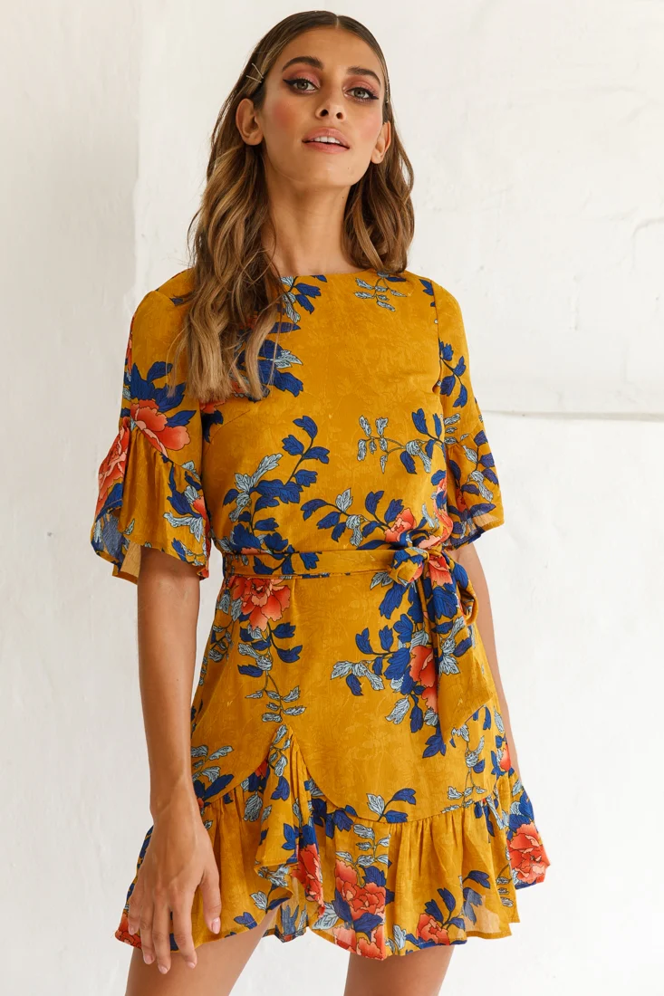 Azealia Floral Wrap Dress Mustard - Sonourner
