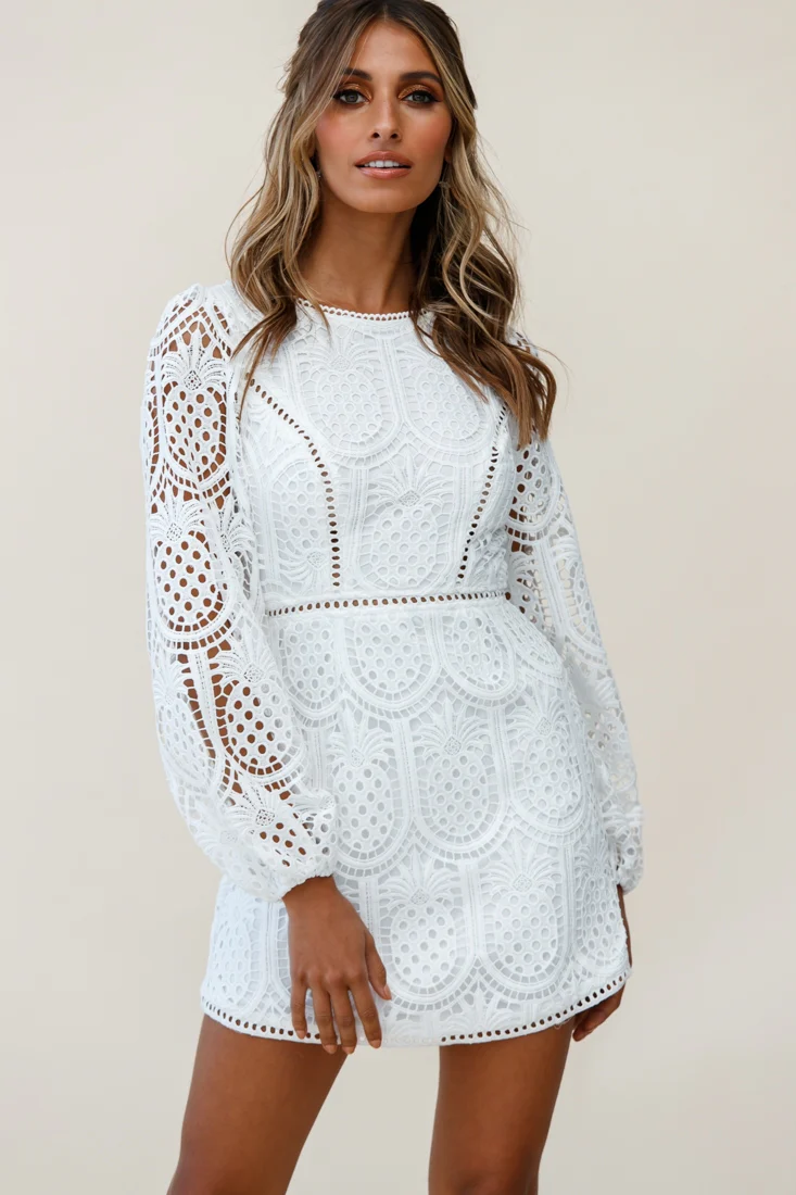 Heart Crochet Overlay Balloon Sleeve Dress White - Sonourner