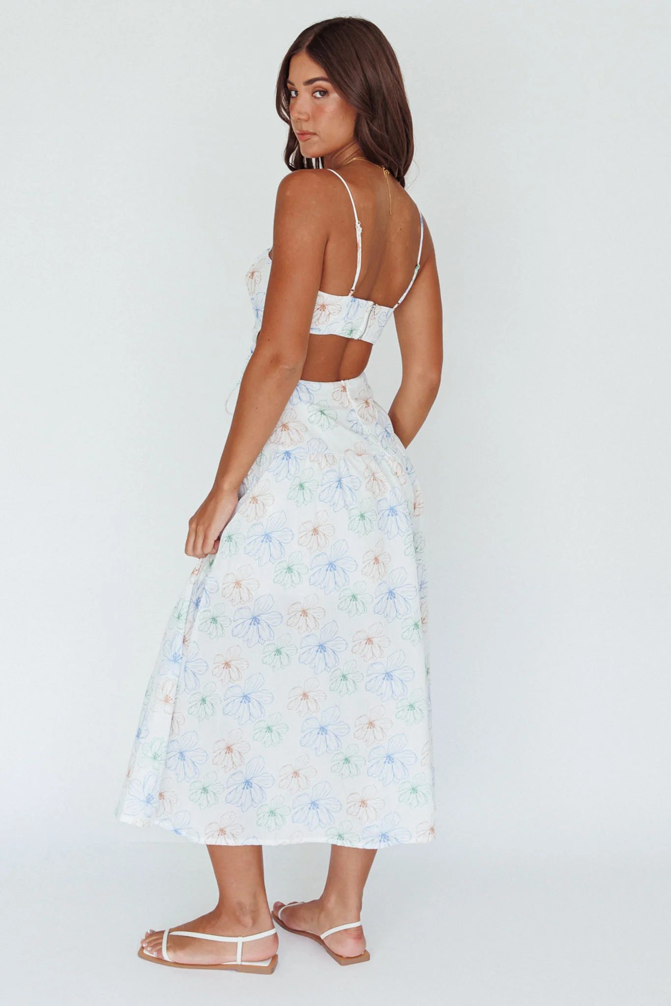 Aloha Cut-Out Waist Midi Dress Floral Blue - Sonourner