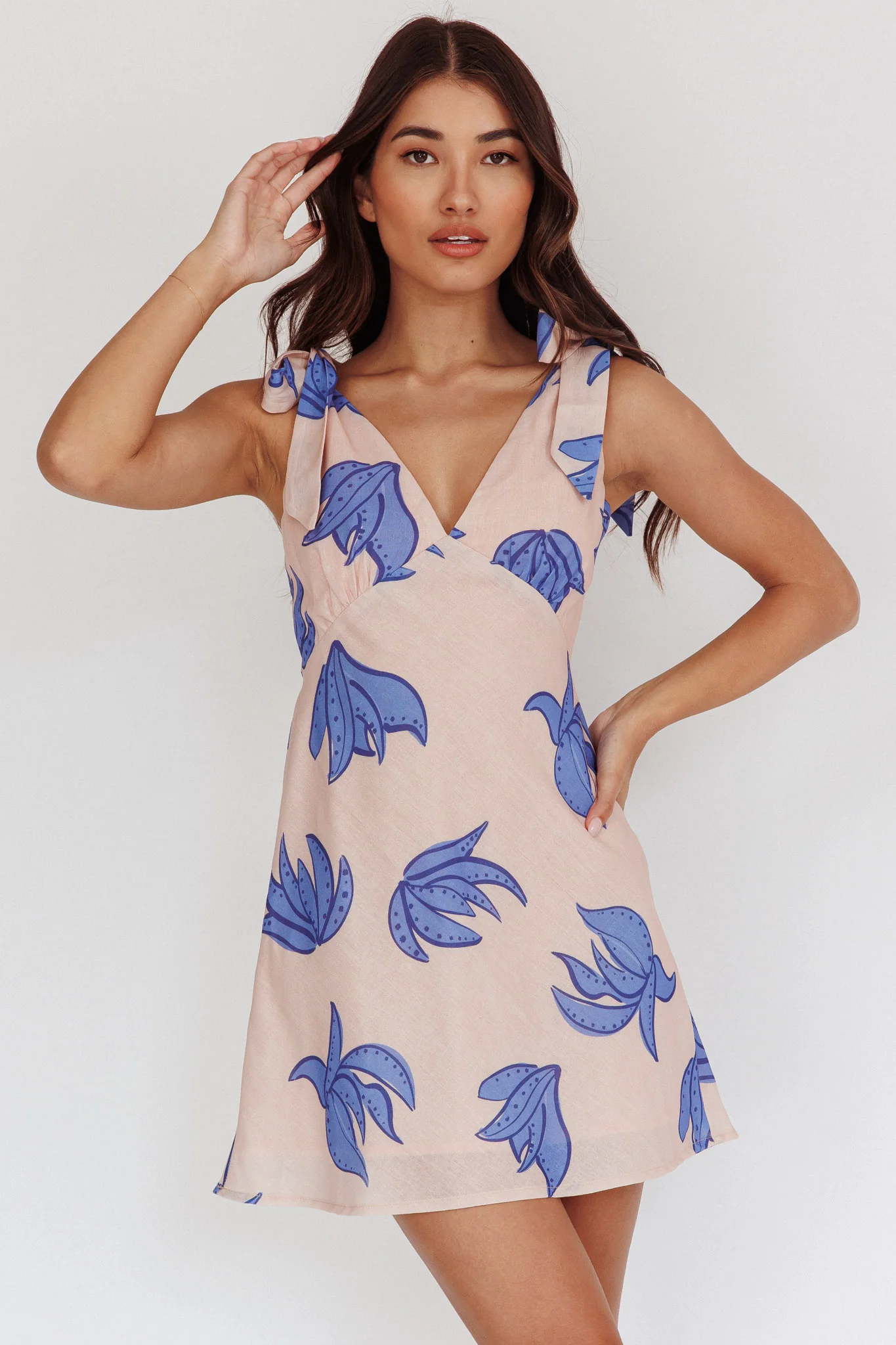 Mykonos Morning Tied Shoulder Mini Dress Plant Print Beige - Sonourner