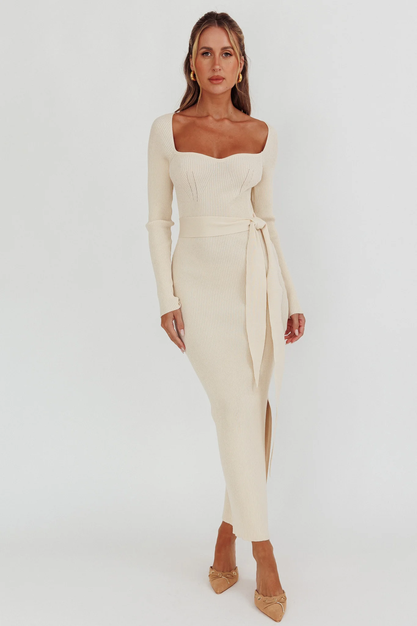 Twilight Moments Long Sleeve Knit Dress Cream - Sonourner