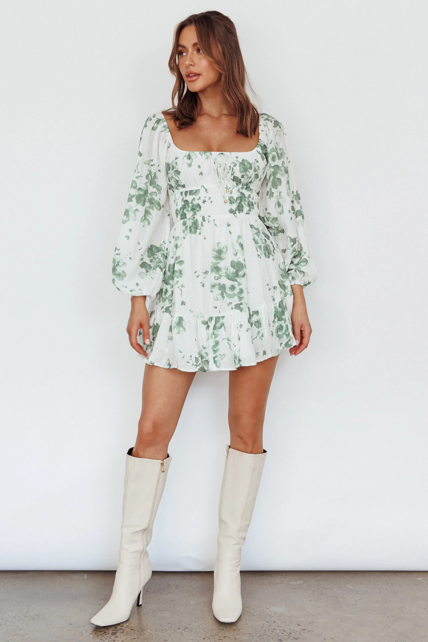Amilie Shirred Long Sleeve Dress Floral White/Olive - Sonourner