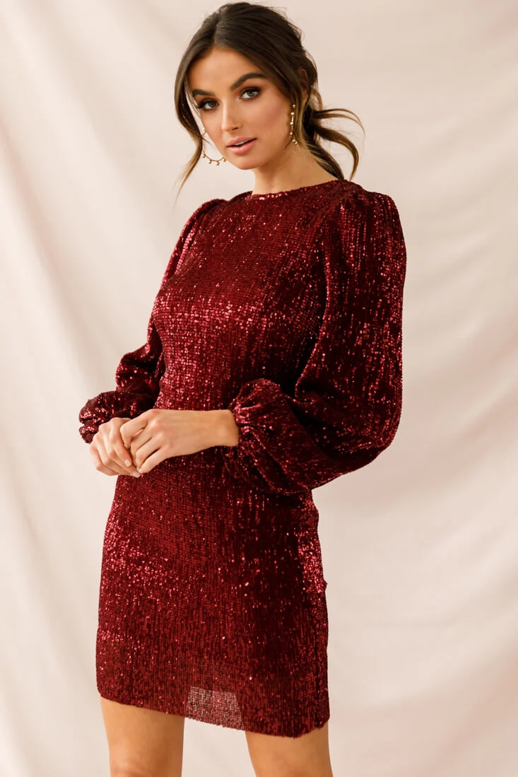 Tinsel Long Sleeve Sequin Mini Dress Plum - Sonourner