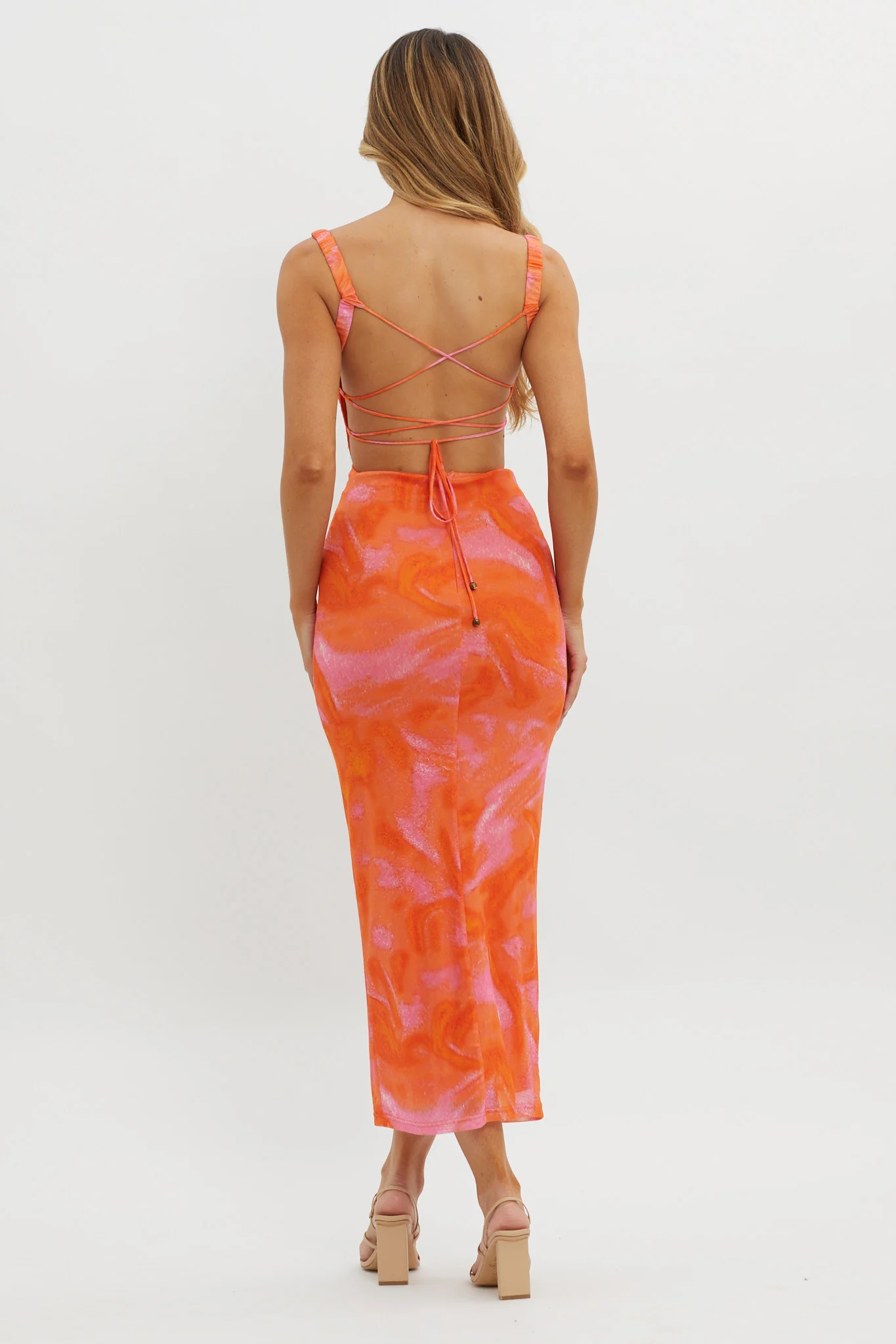 Dream Crush Lace-Up Back Side Split Maxi Dress Swirl Orange - Sonourner