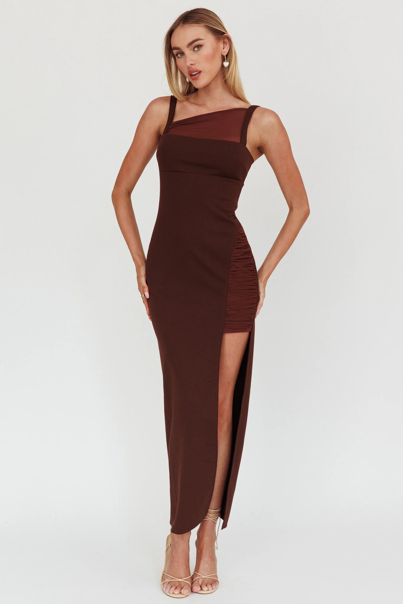 Zenya Split Ruched Maxi Dress Chocolate - Sonourner