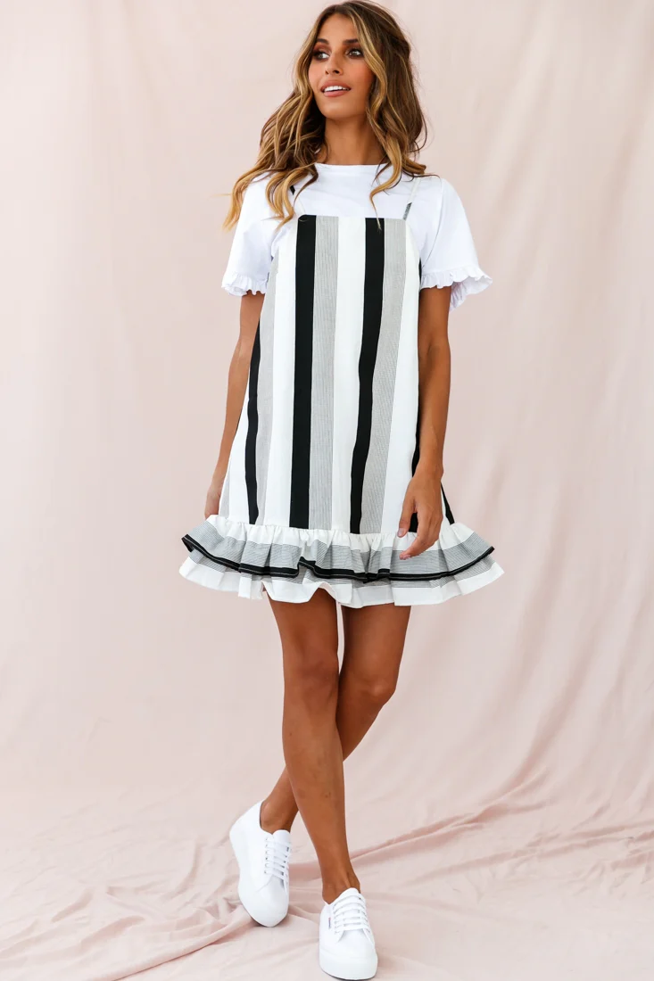 Daley Double-Frill Hem Shift Dress Stripe Print Black - Sonourner