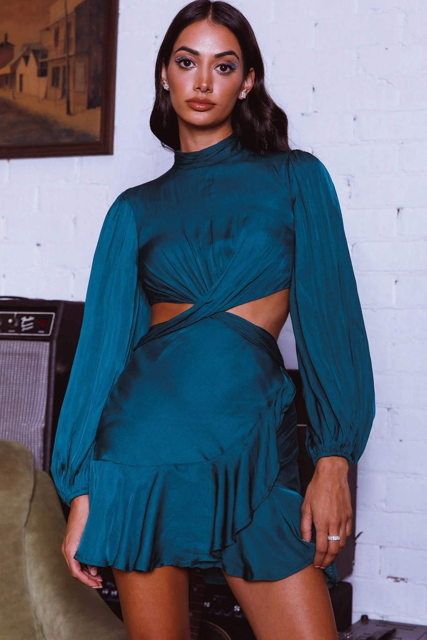 Feels Like Home Long Sleeve Cut-Out Dress Forest Green - Sonourner