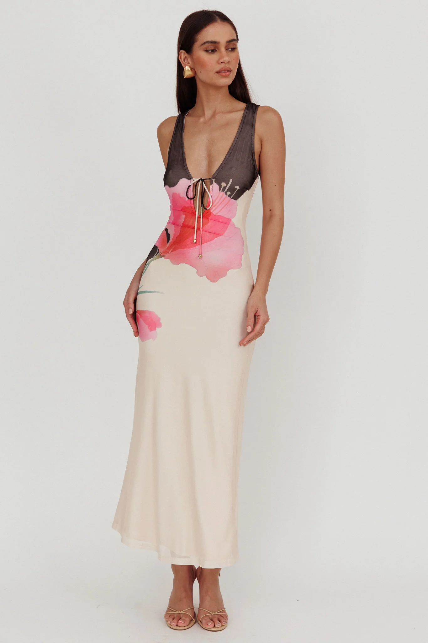 Cinders Tied Plunging Neckline Maxi Dress Flower Black - Sonourner