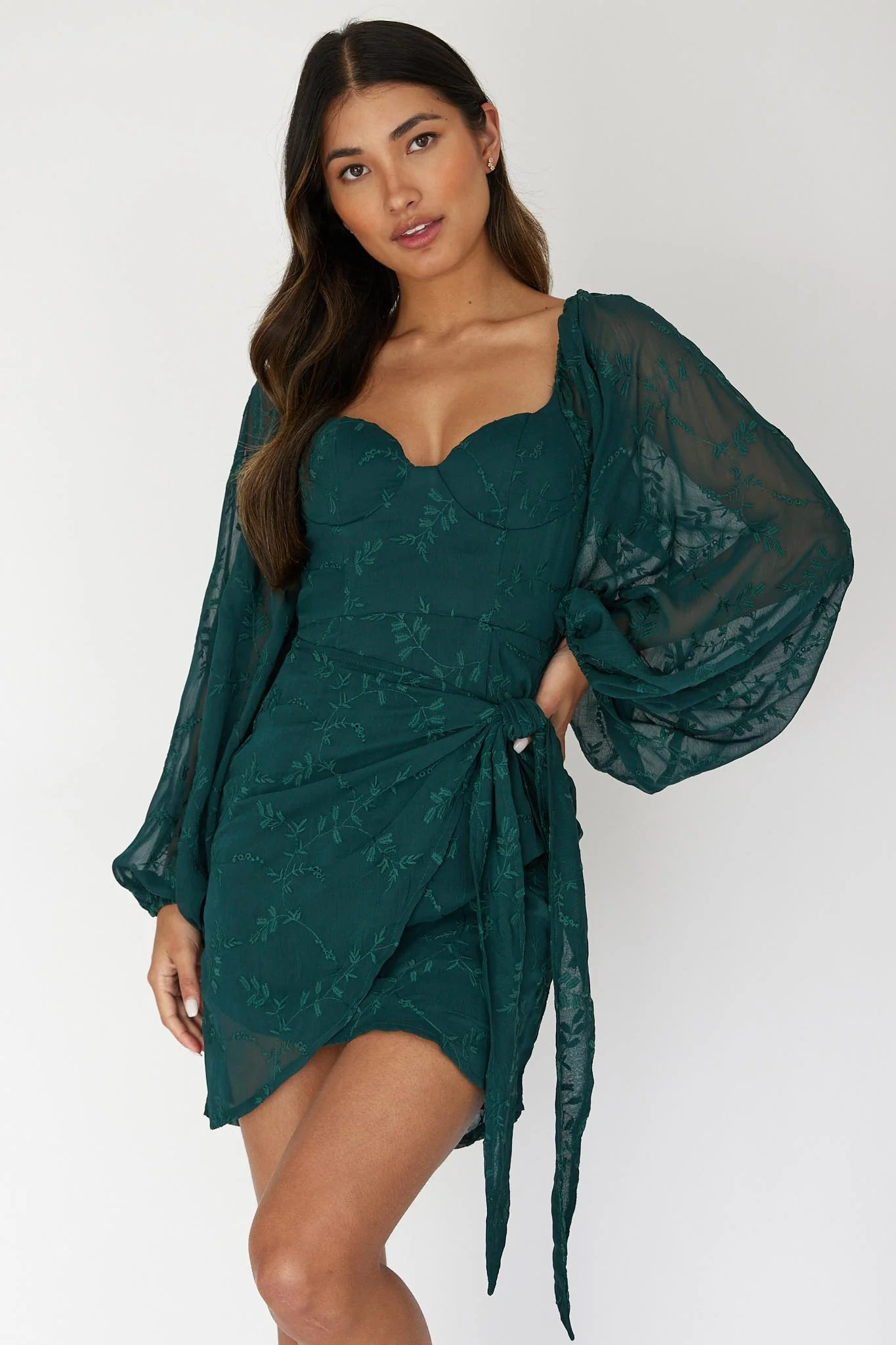 Aphrodite Long Sleeve Embroidered Dress Forest Green - Sonourner