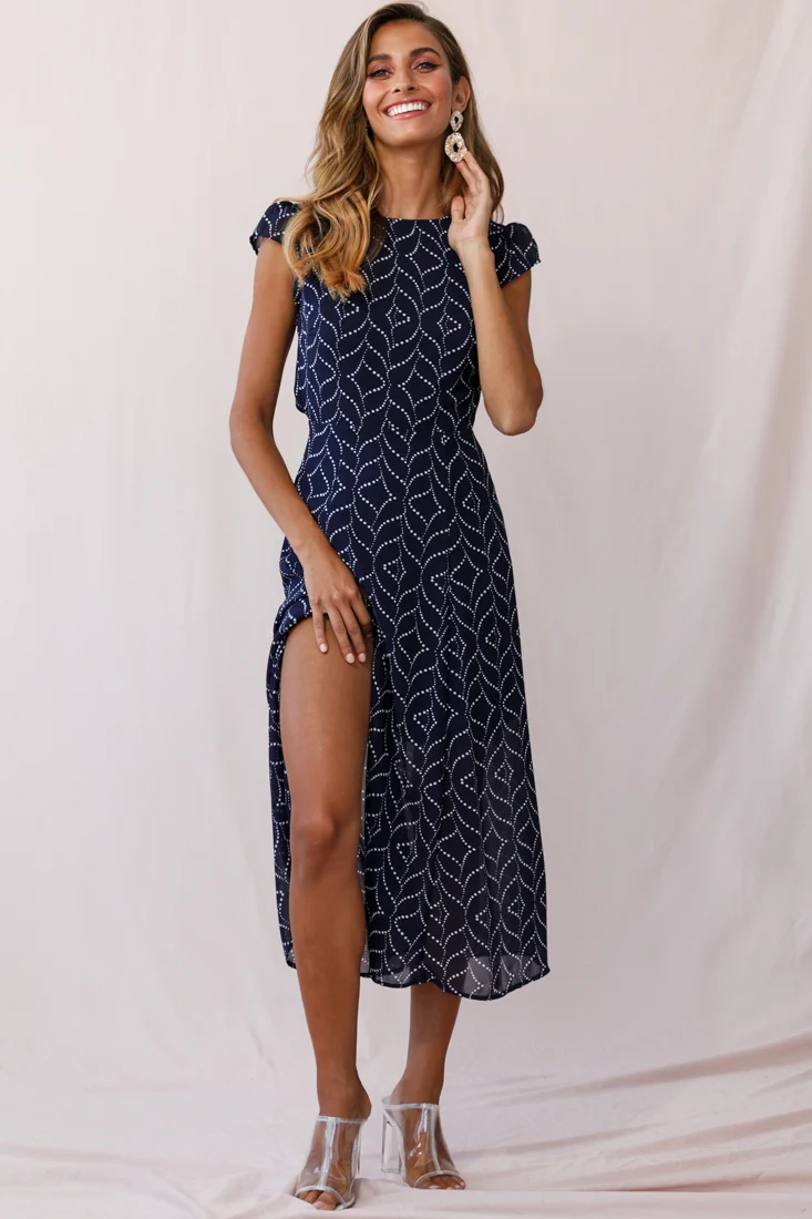 Becky Cap Sleeve Crew Neck Midi Dress Dot Print Navy - Sonourner