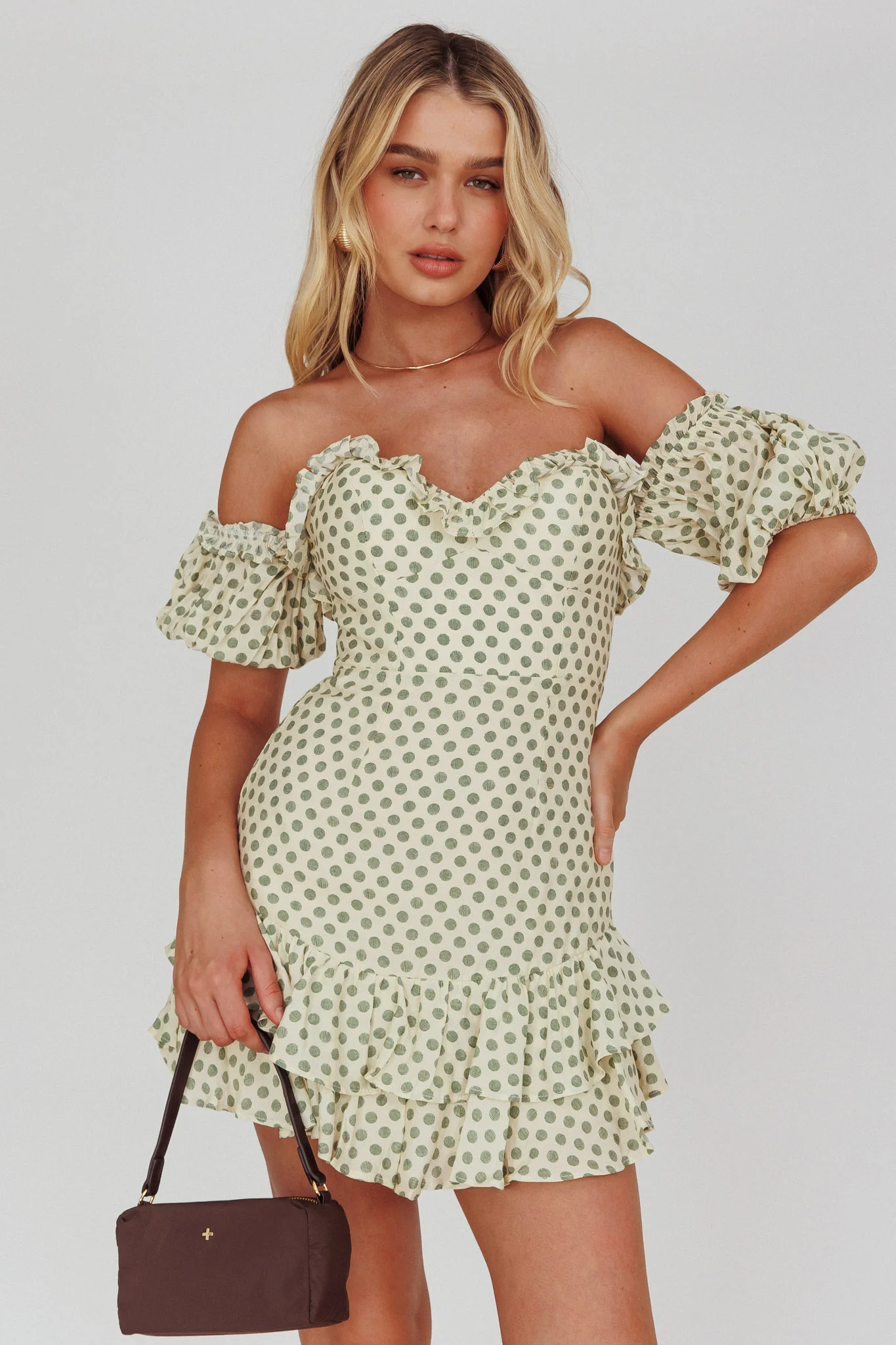 Homecoming Queen Sweetheart Neckline Puff Sleeve Dress Polka Dot Green - Sonourner