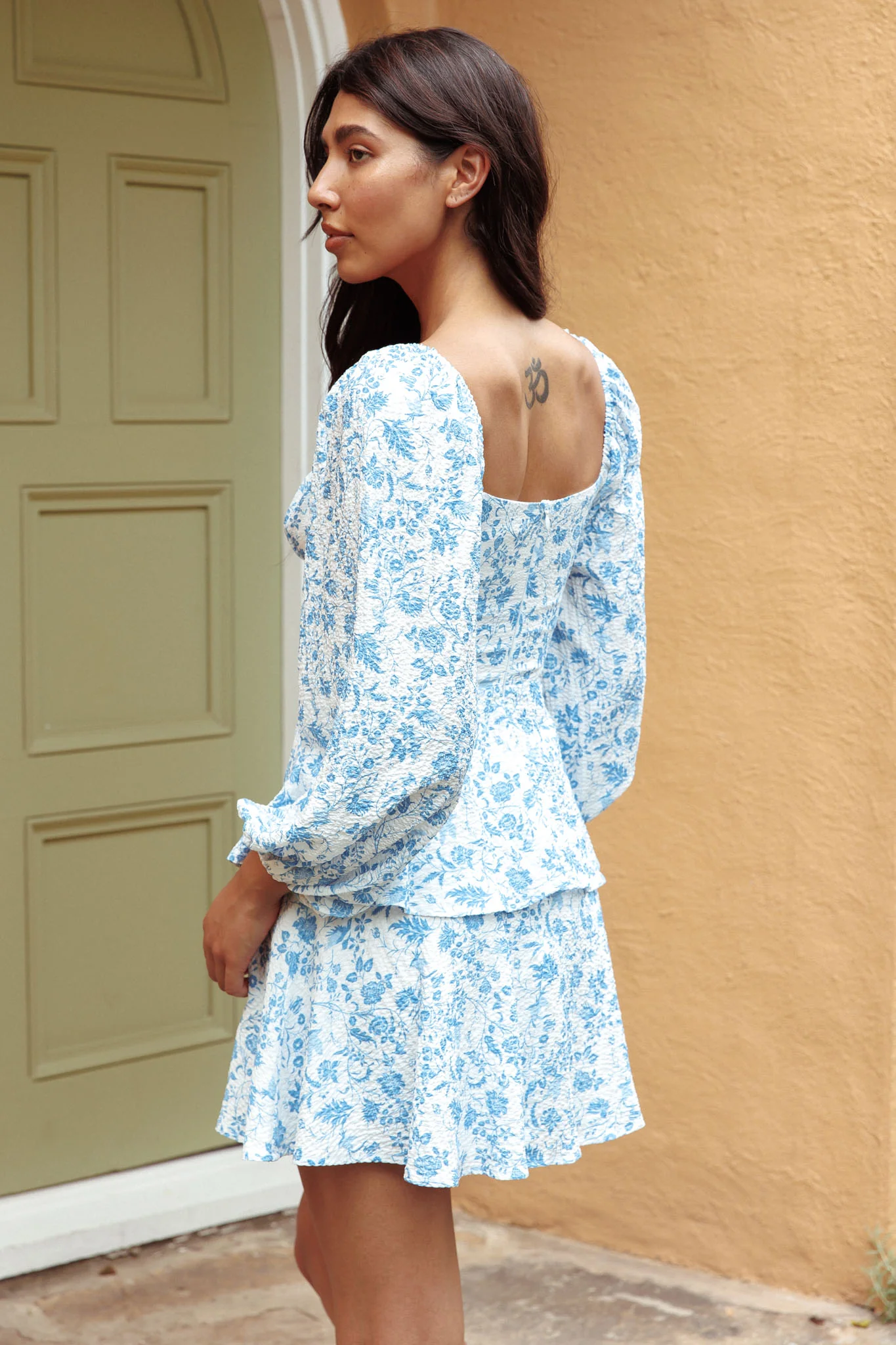 Provence Bloom Long Sleeve Mini Dress Floral Blue - Sonourner