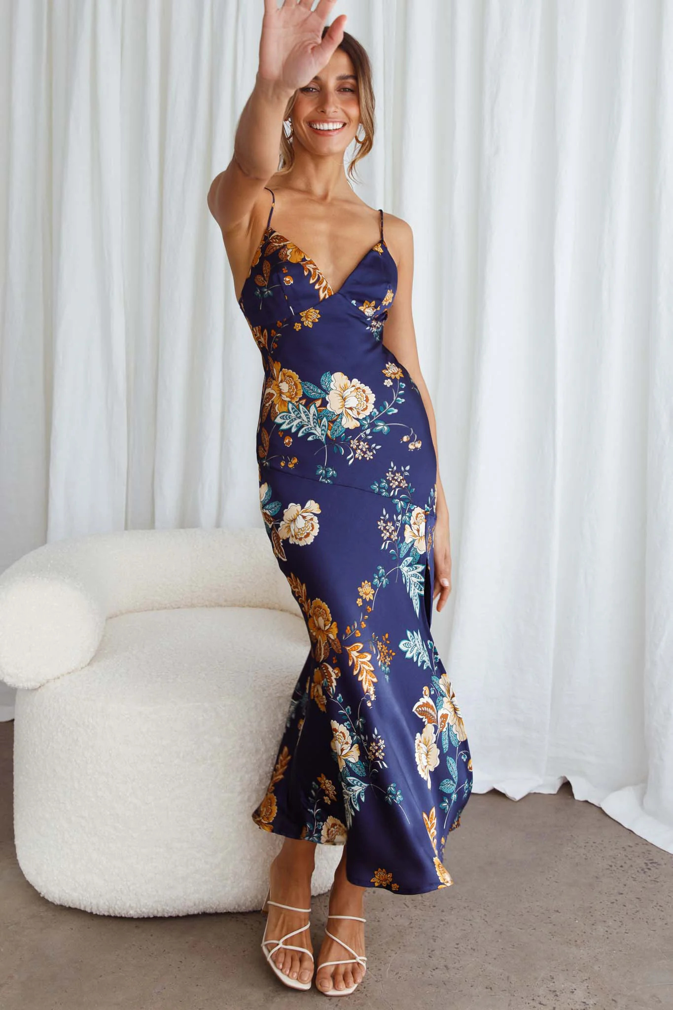 Downtown Cami Strap Front Split Midi Dress Oriental Flower Print Navy - Sonourner