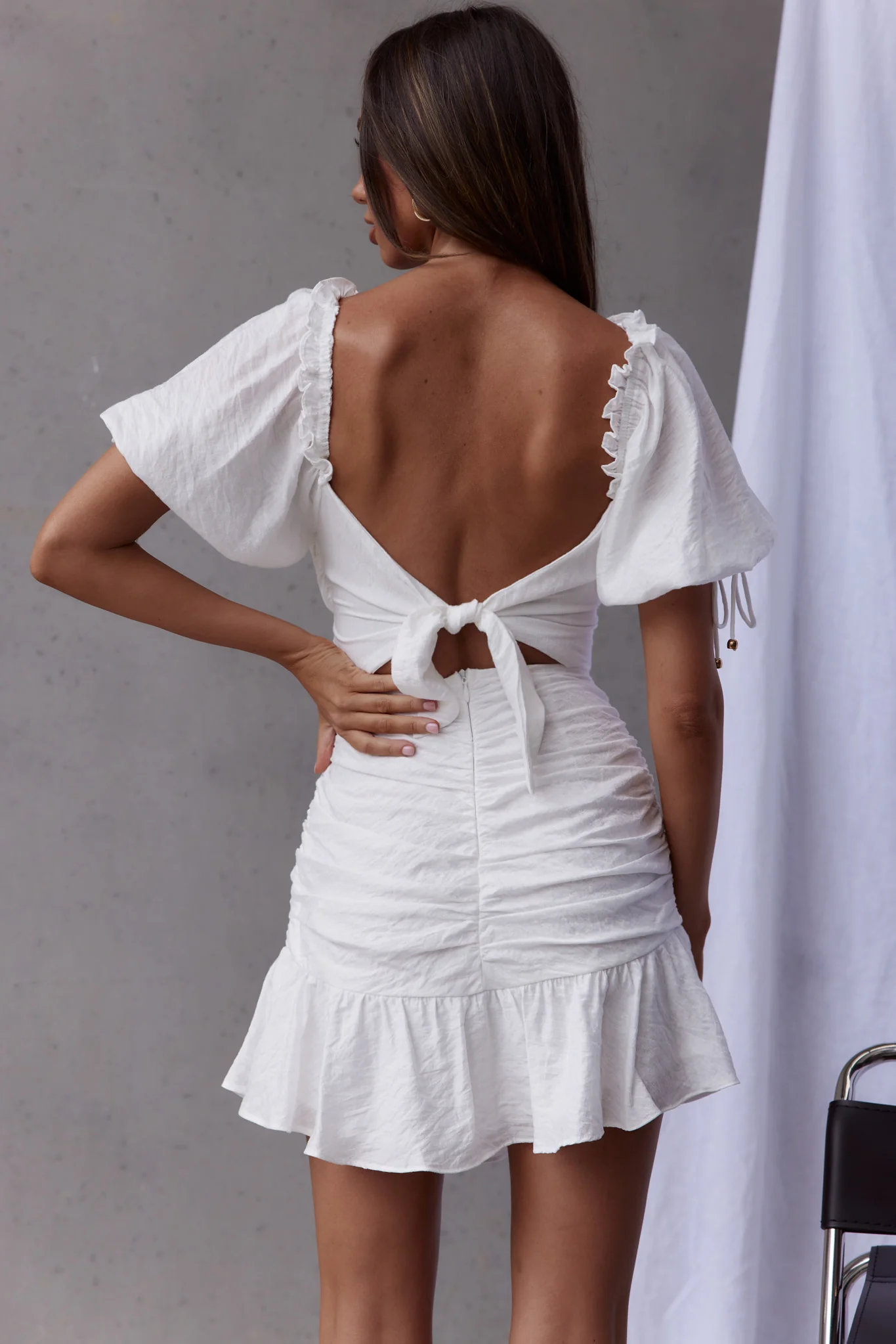 Mariel Puff Sleeve Crossover Bust Tied Back Mini Dress White - Sonourner