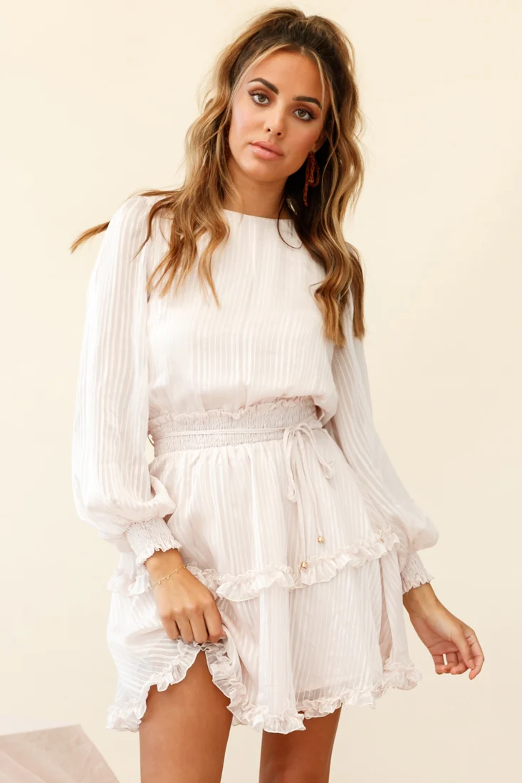 Mildred Long Sleeve Shirred Waist Frill Dress Nude - Sonourner