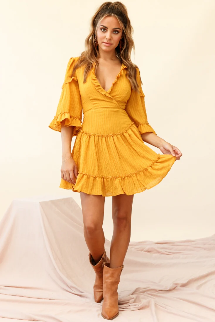 Albany Lace Up Back Frill Dress Shirred Mustard - Sonourner