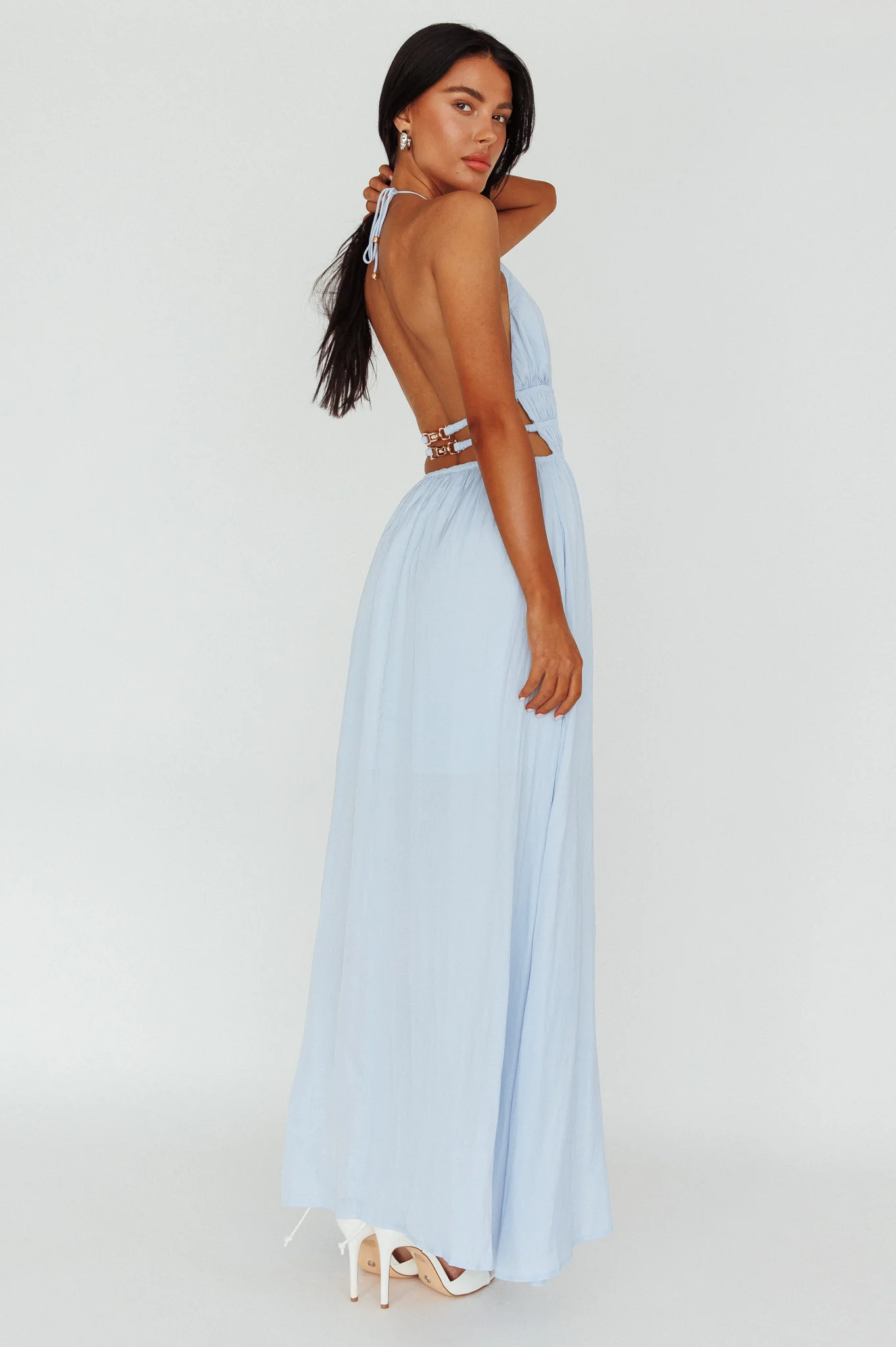 Cyndi Open Back Halterneck Maxi Dress Blue - Sonourner