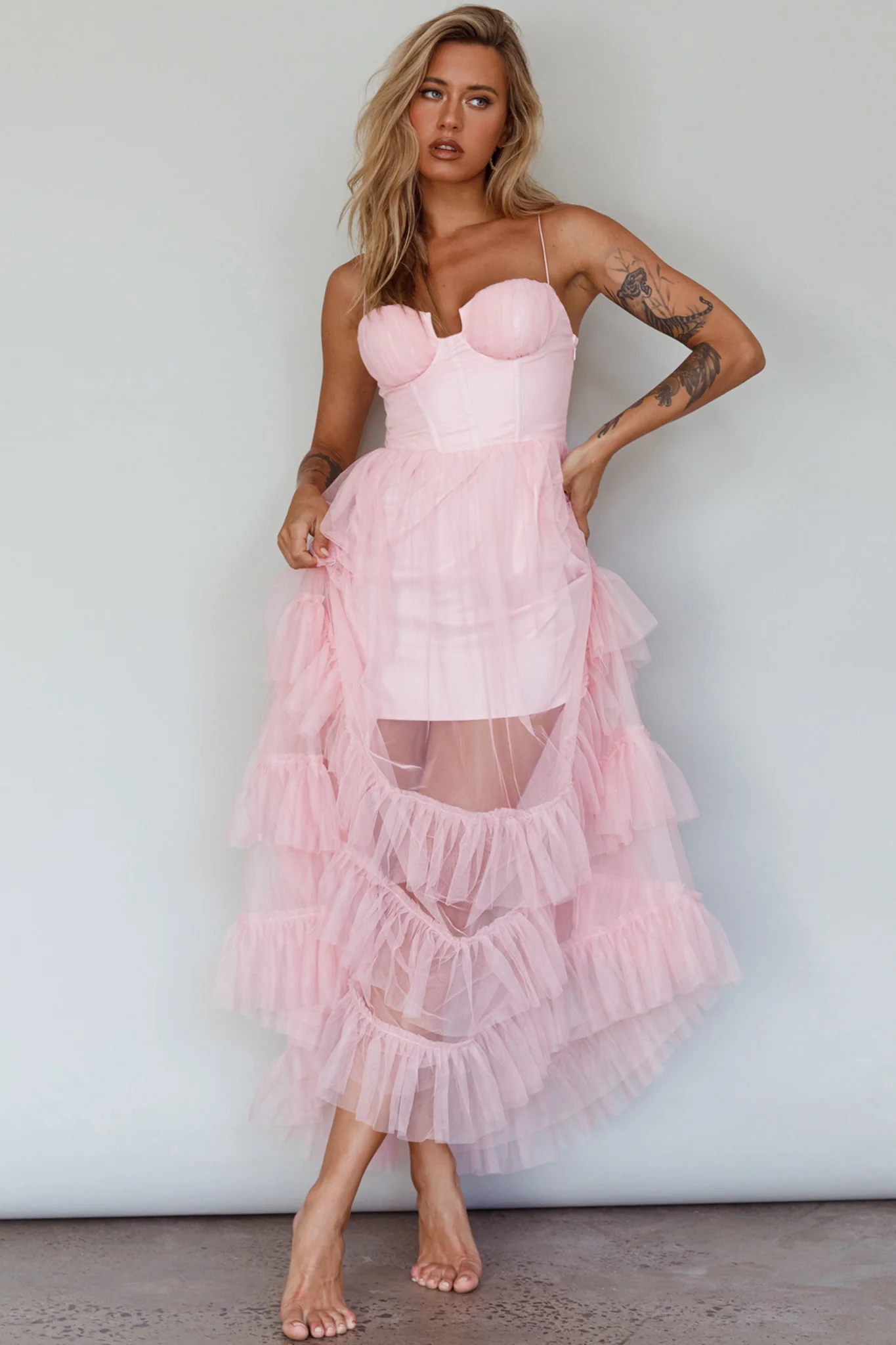 Moonlight Sonata Ruffle Mesh Maxi Dress Cameo Pink - Sonourner