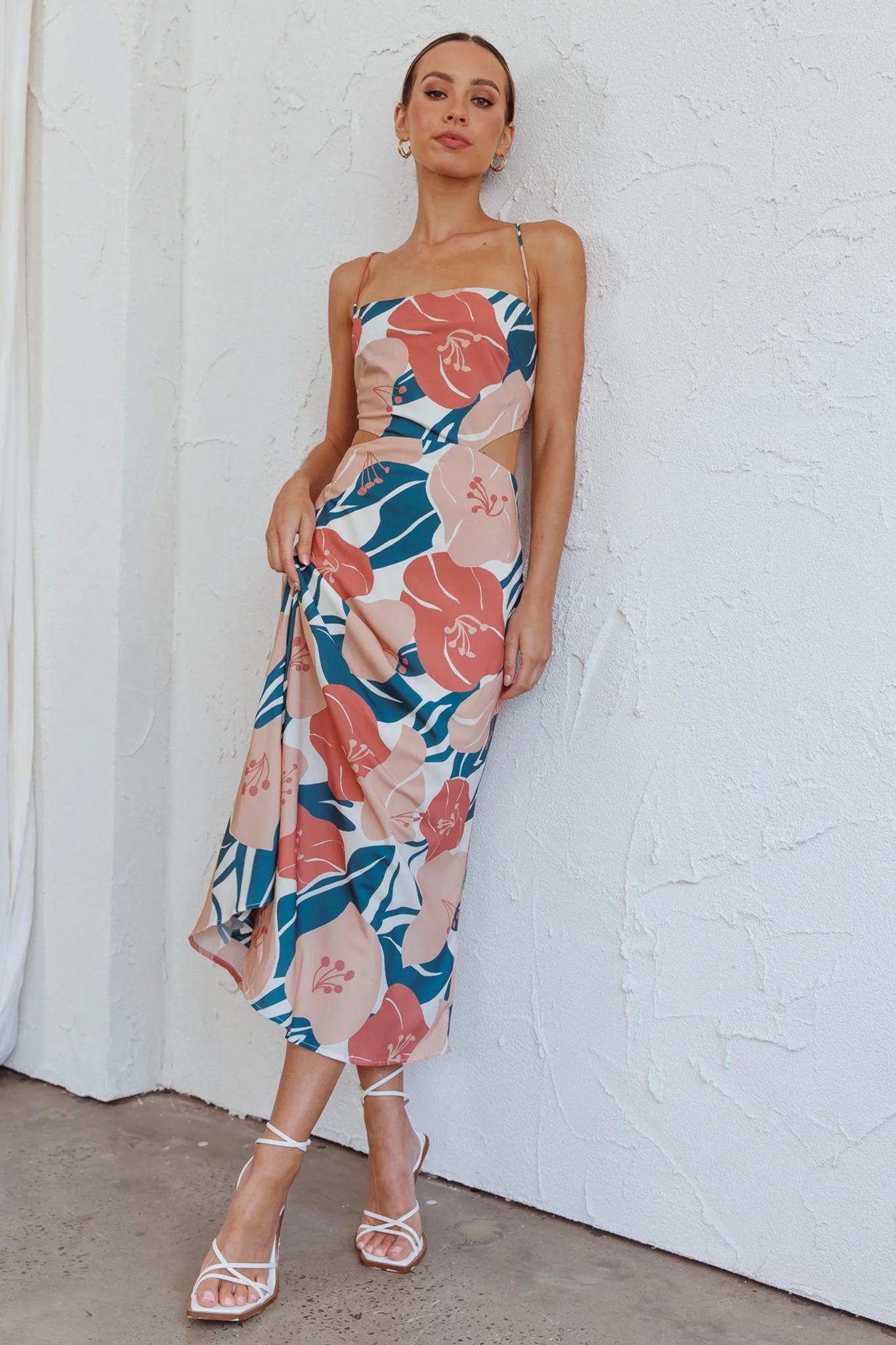 Sunday Bliss Tie-Up Back Cowl Neck Midi Dress Flower Red - Sonourner