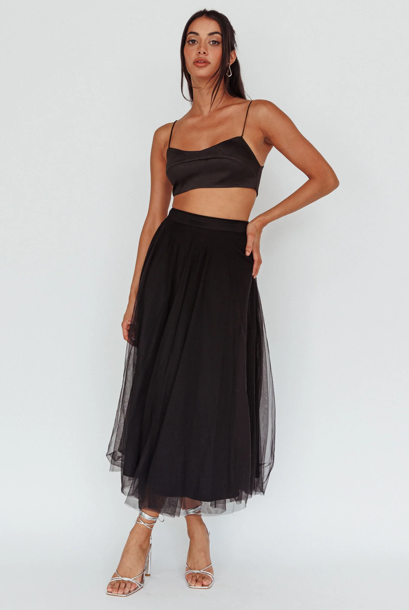 Jasmine Organza Mesh Elasticated Waist Midi Skirt Black - Sonourner