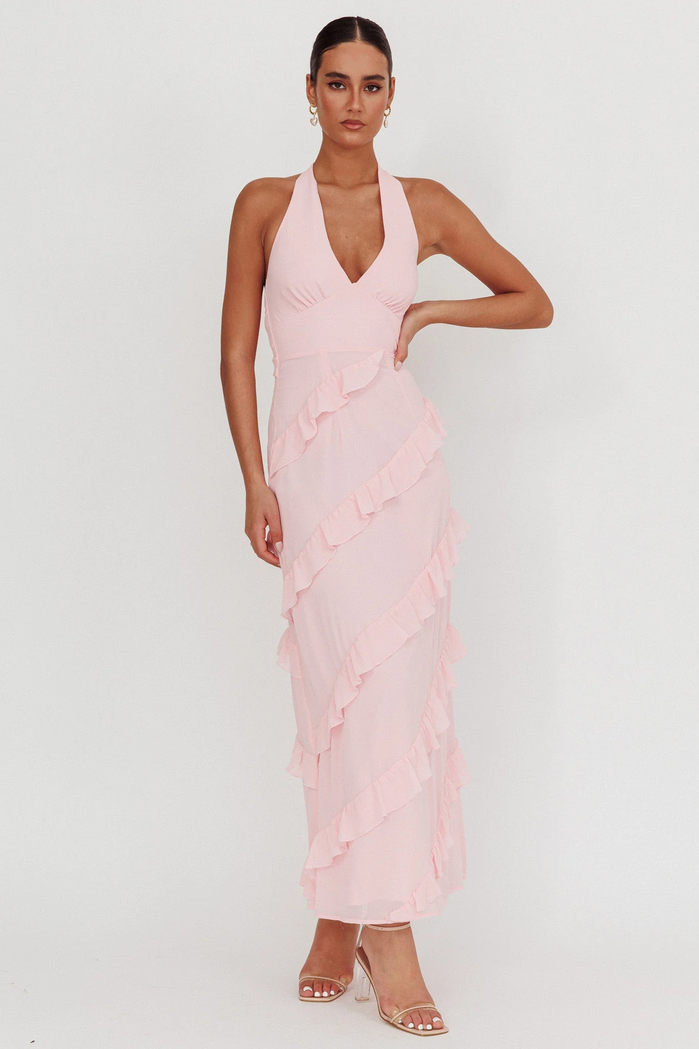 Flirt Frill Trim Halter Maxi Dress Blush - Sonourner