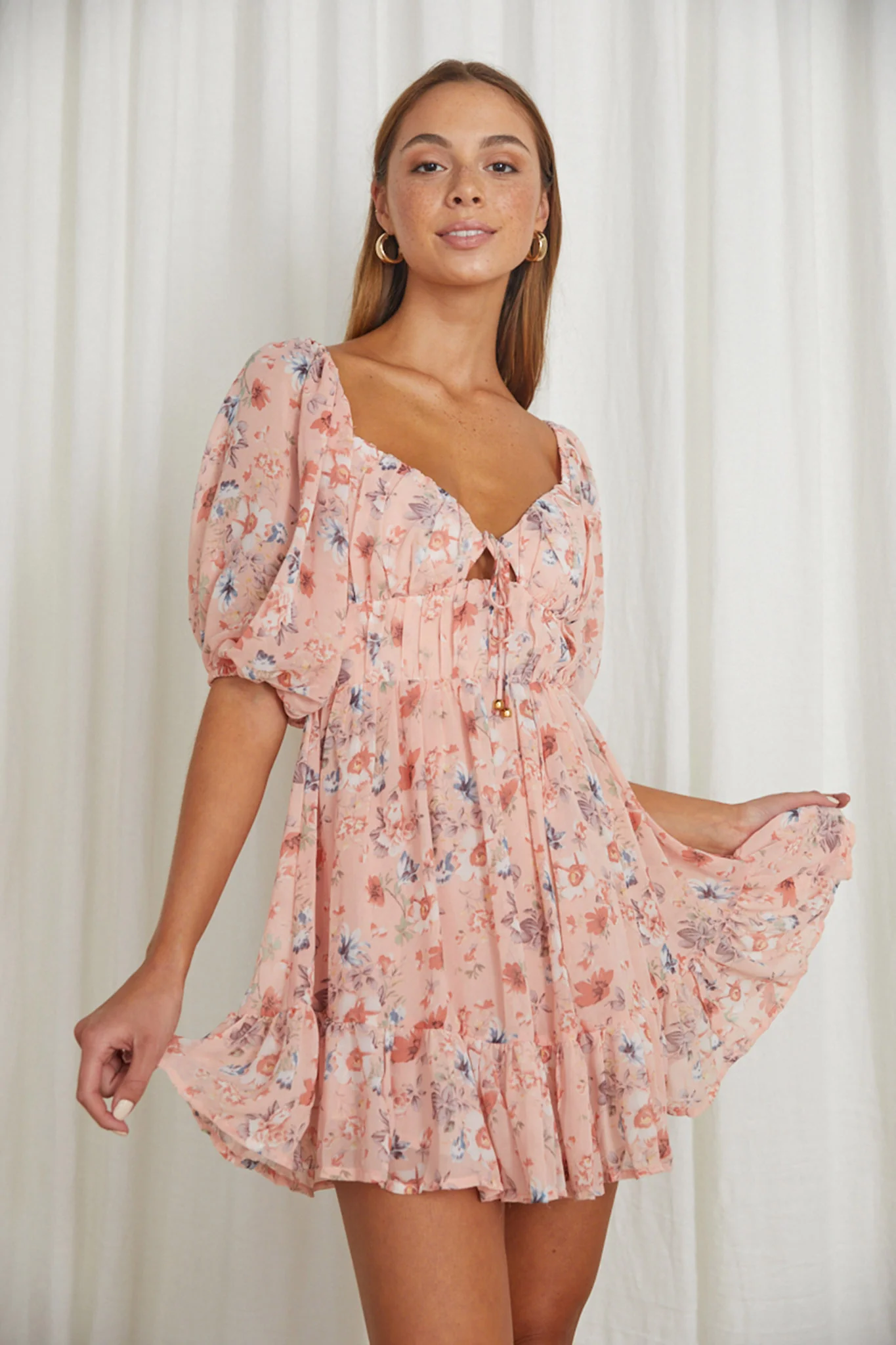 Vista Del Mar Tied Bust Mini Dress Floral Pink - Sonourner