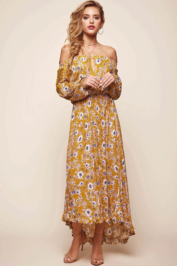 Mojave Off-Shoulder Floral Maxi Dress Mustard - Sonourner