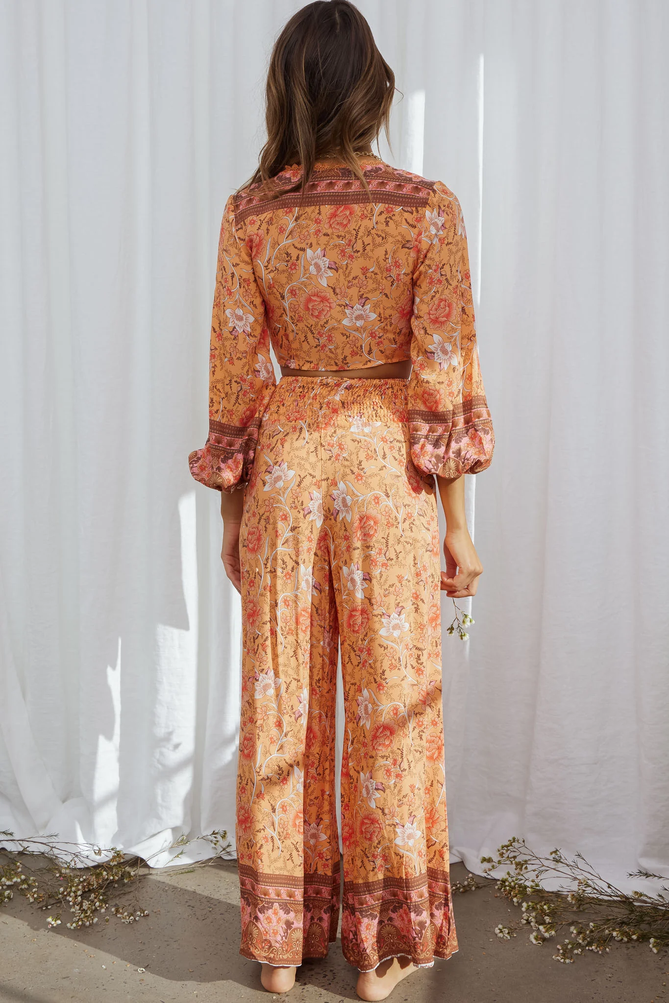 Novo Shirred Waist Long Pants Bohemian Print Orange - Sonourner