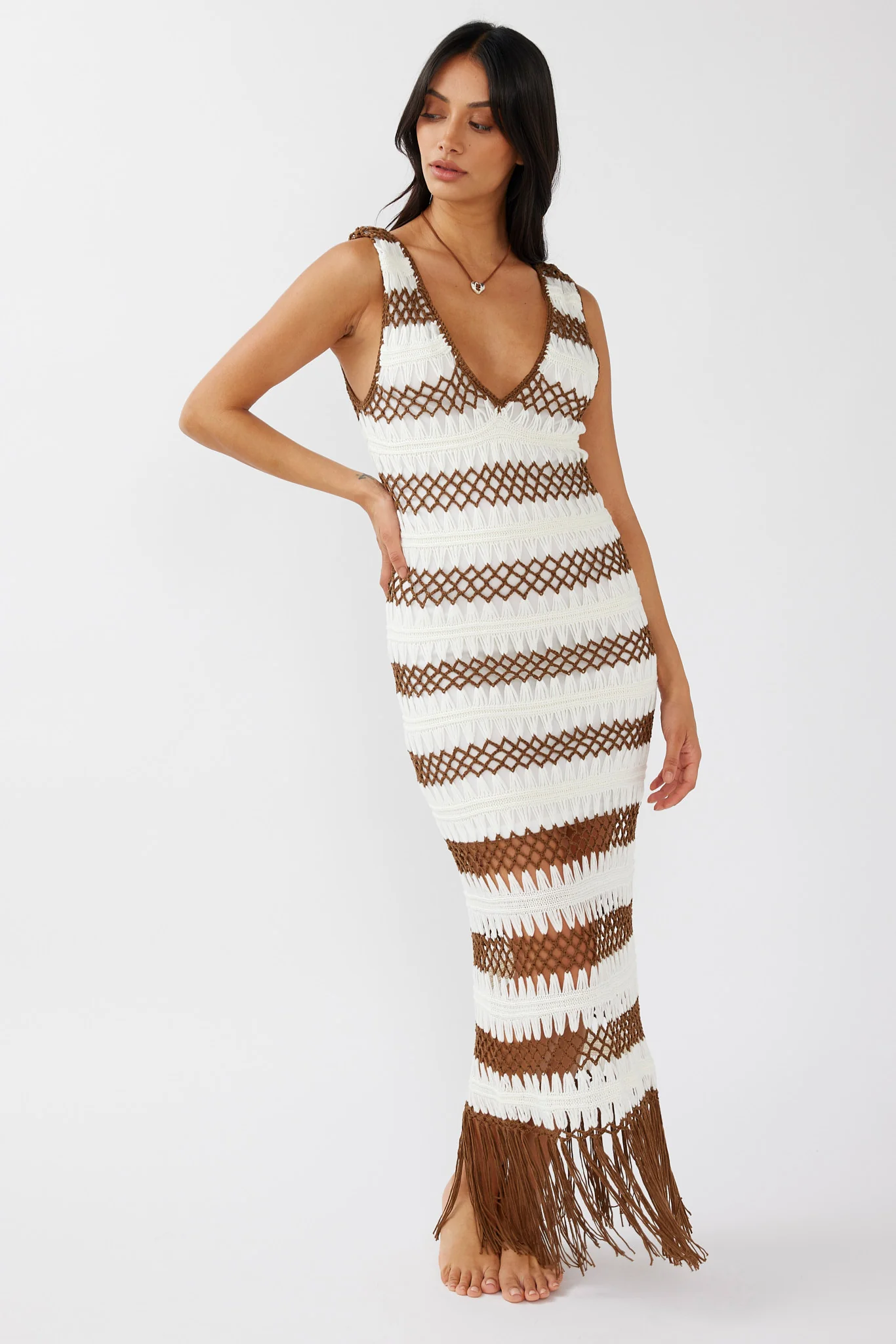 Ximena Tassel Hem Crochet Midi Dress White/Mocha - Sonourner