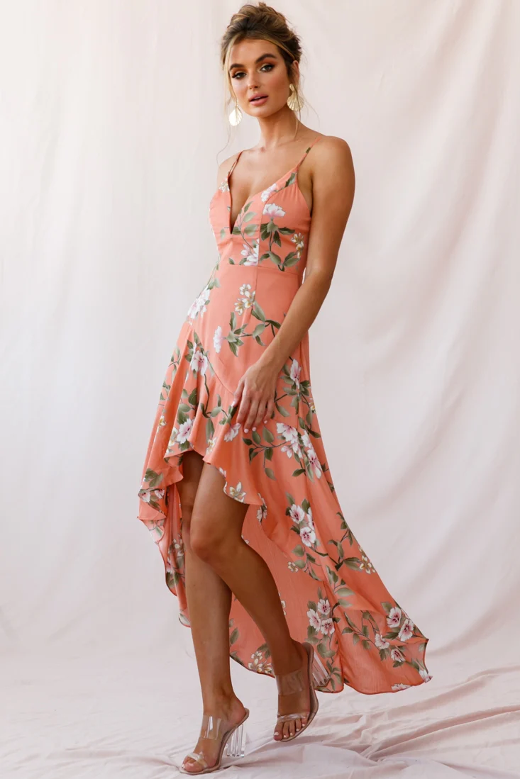 Imelda V-Neckline High-Low Hem Dress Peach - Sonourner