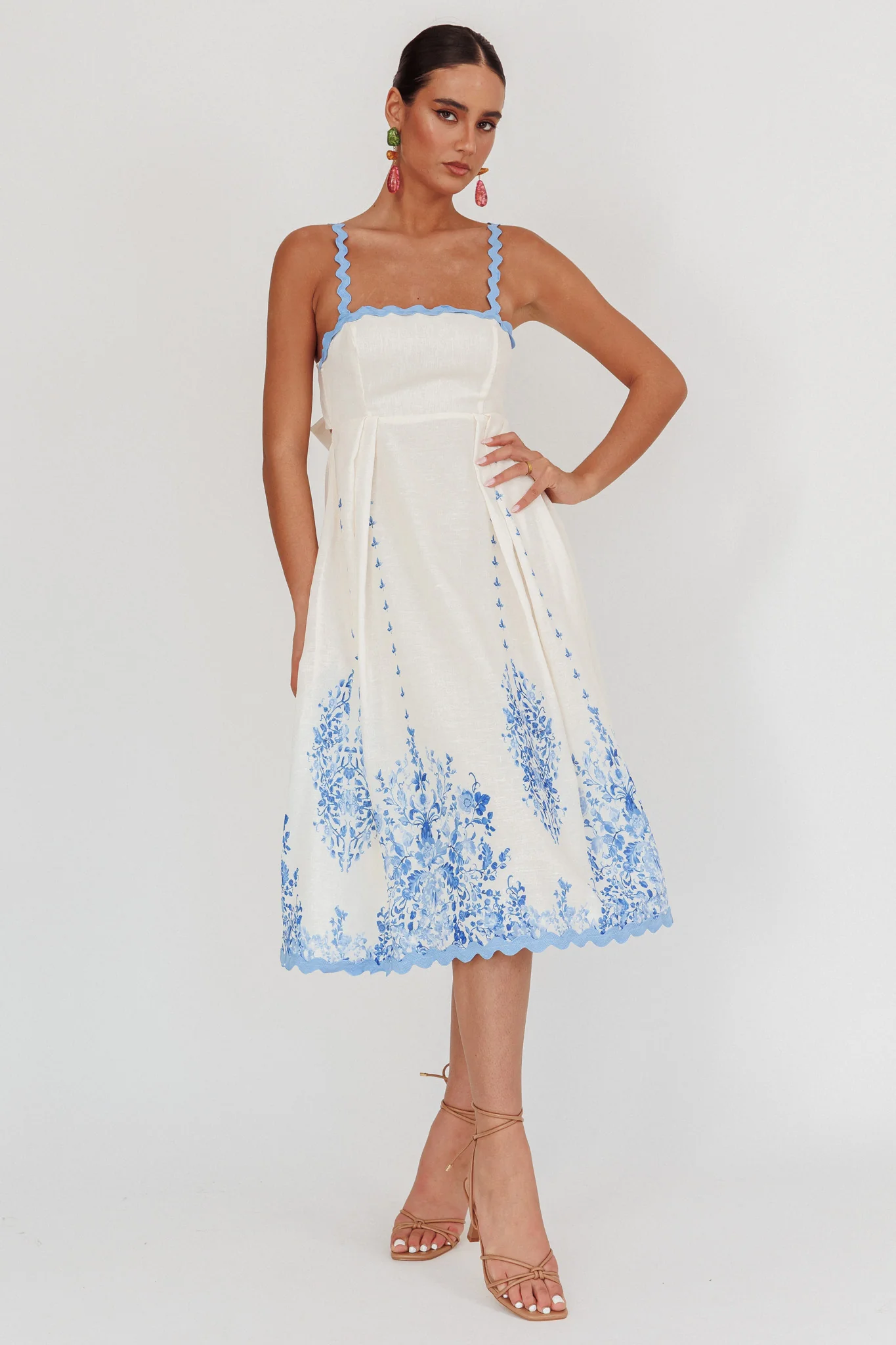 Asami Floral Print Ric Rac Trim Midi Dress Blue - Sonourner