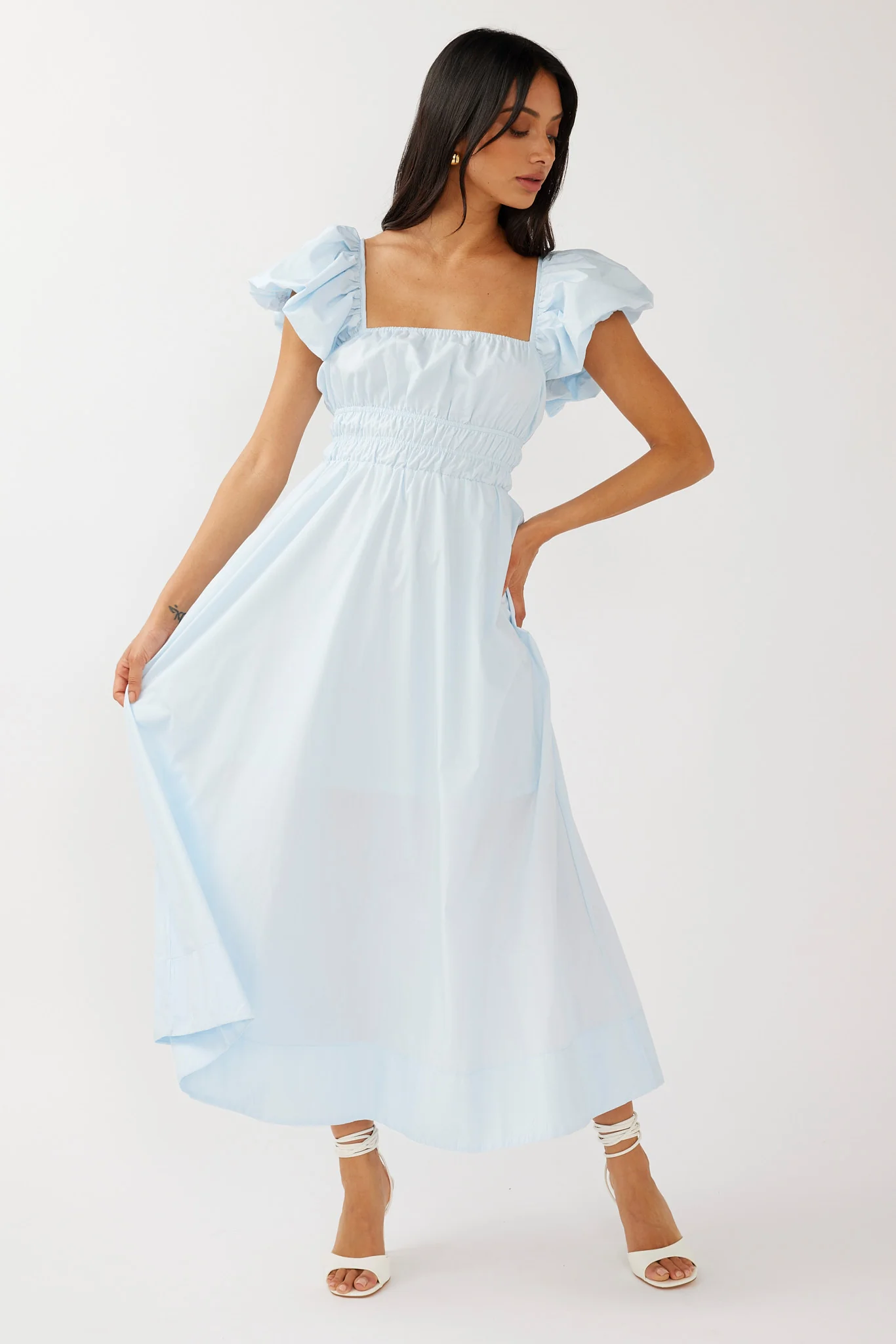 Rose Meadow Puffed Sleeve Midi Dress Blue - Sonourner