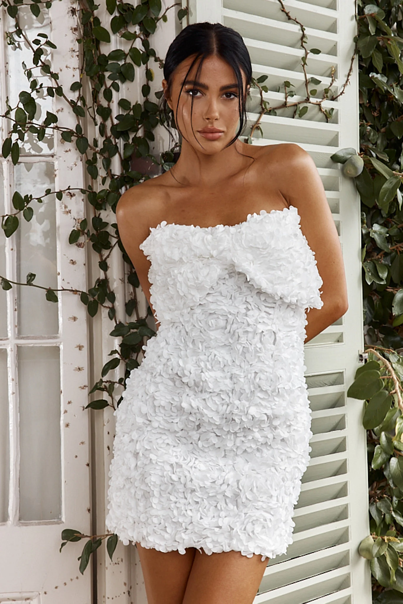 Ma Cherie Bow Bust Embellished Mini Dress White - Sonourner