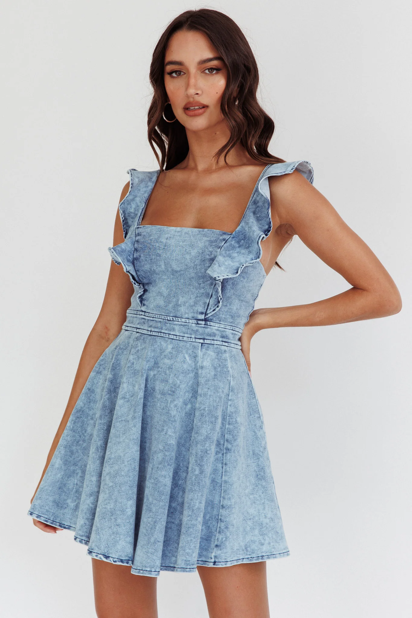 Nola Ruffle Strap Mini Dress Light Denim - Sonourner