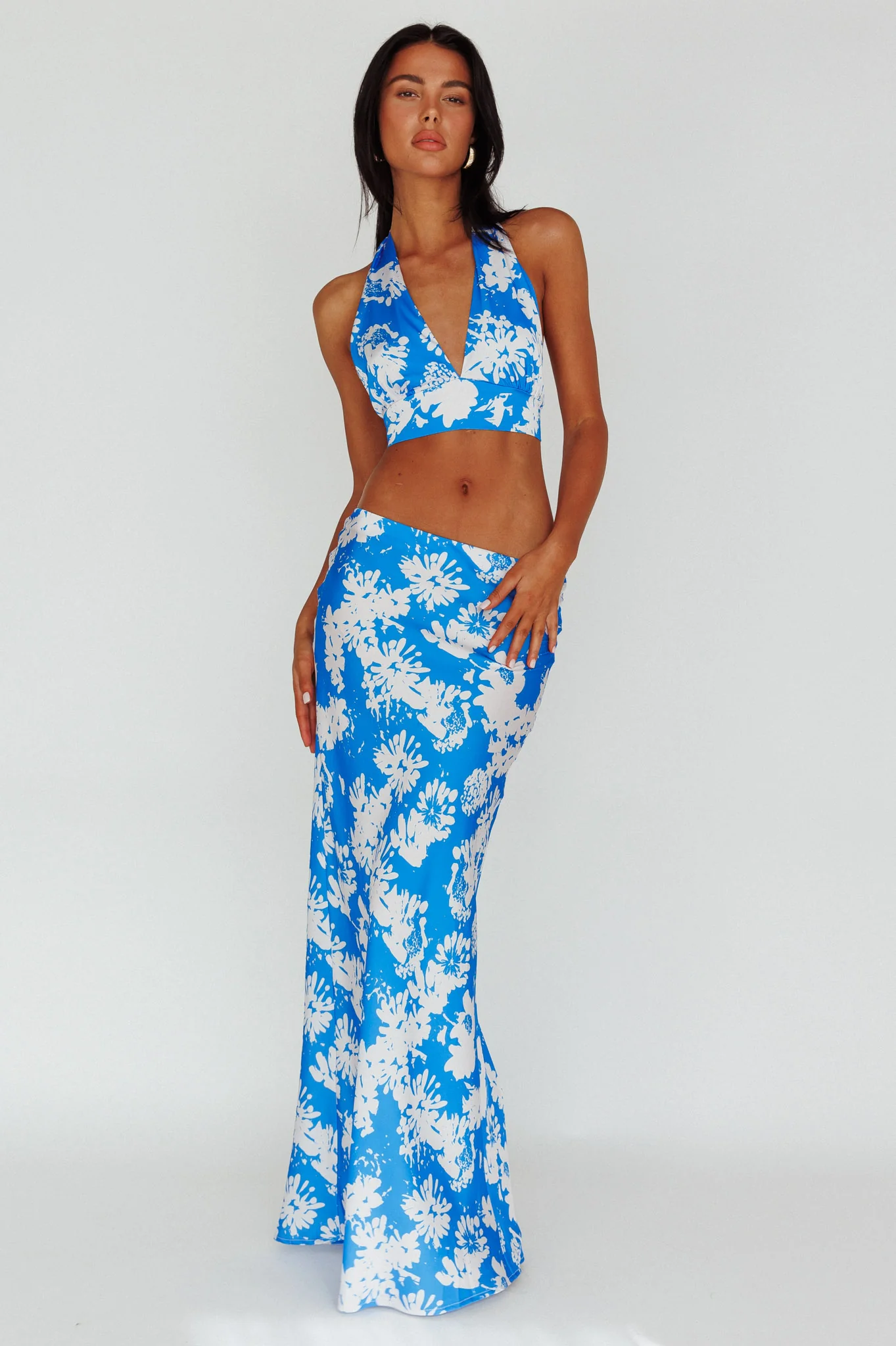 Manila Satin Maxi Skirt Blue Floral - Sonourner