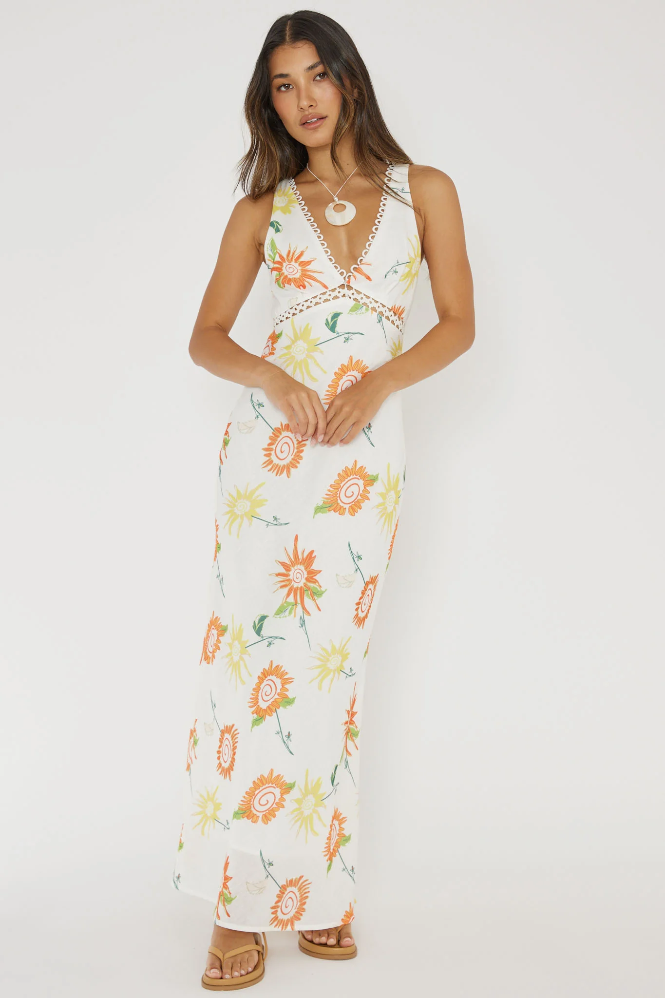 Cambria Crochet Trim Maxi Dress Flower Orange - Sonourner