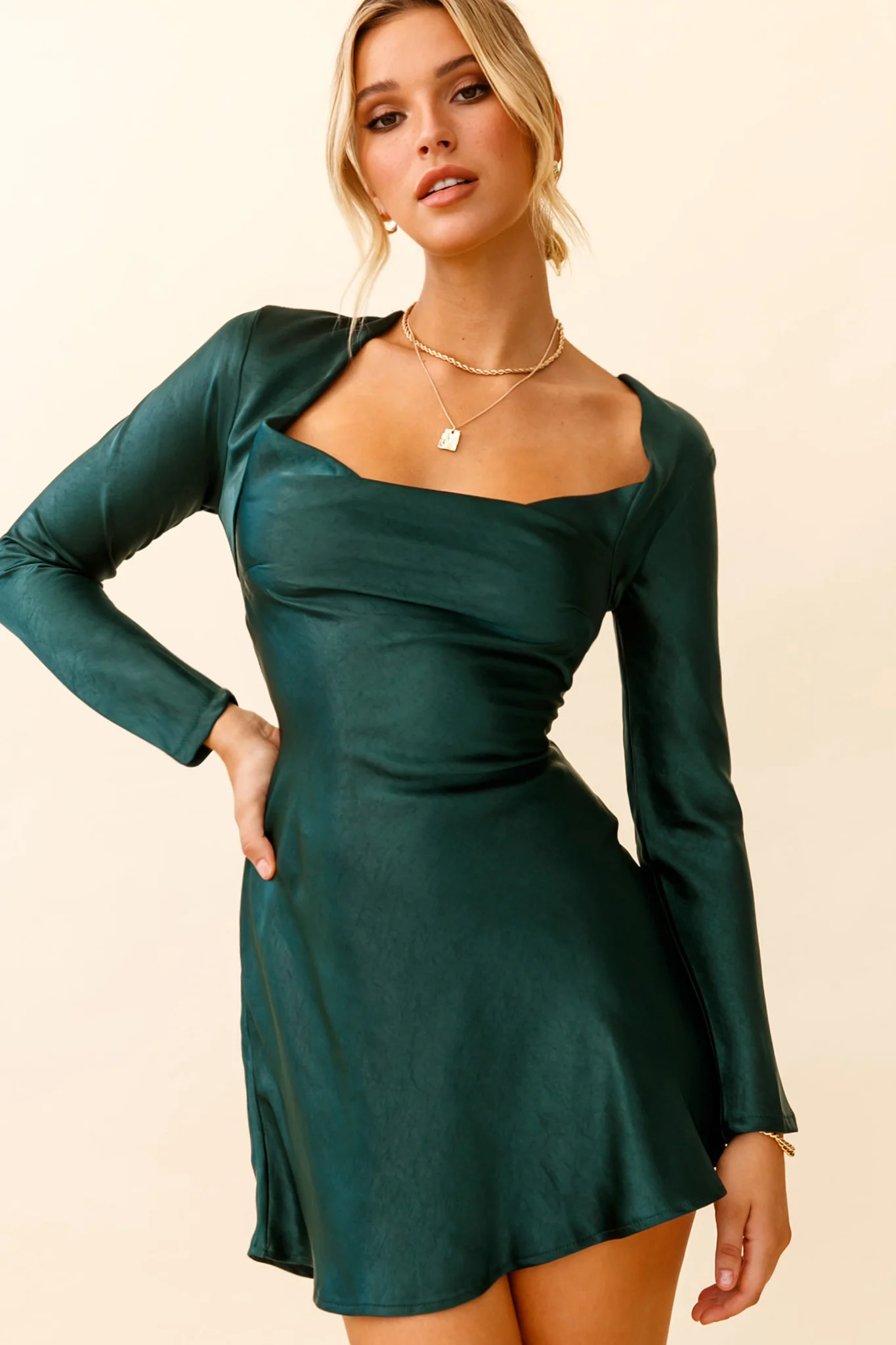 Solstice Long Sleeve Cowl Neck Mini Dress Forest Green - Sonourner