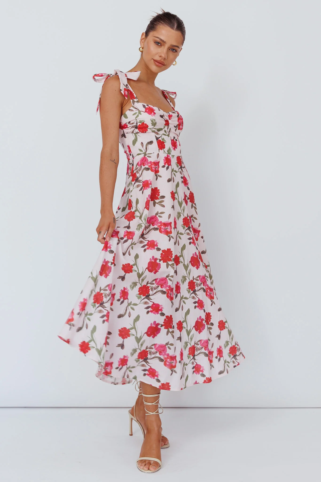 Sweet Pea Tied Bust Midi Dress Flower Pink - Sonourner