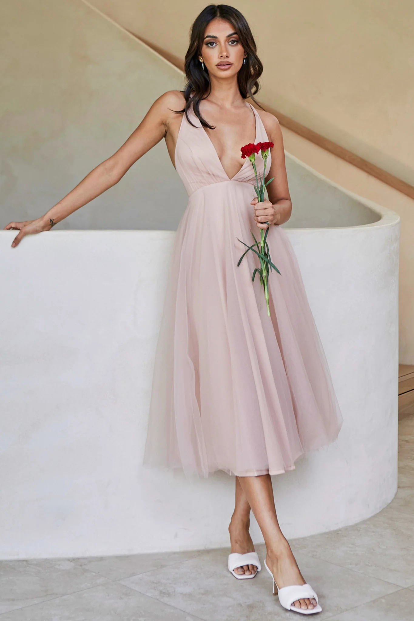 Floating By Plunging Neckline Mesh Overlay Midi Dress Apricot - Sonourner