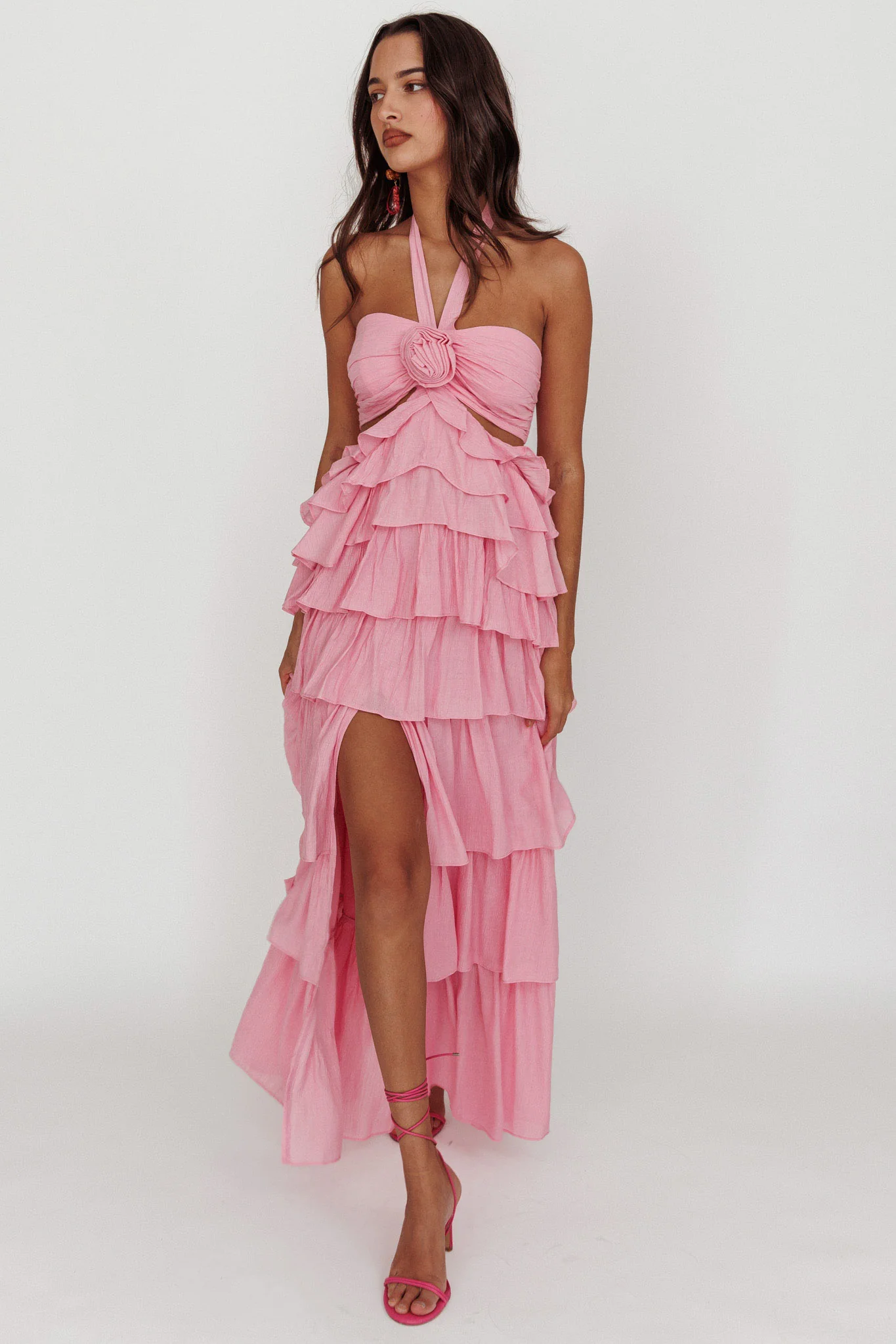 Morpheus Ruffle Halterneck Maxi Dress Pink - Sonourner