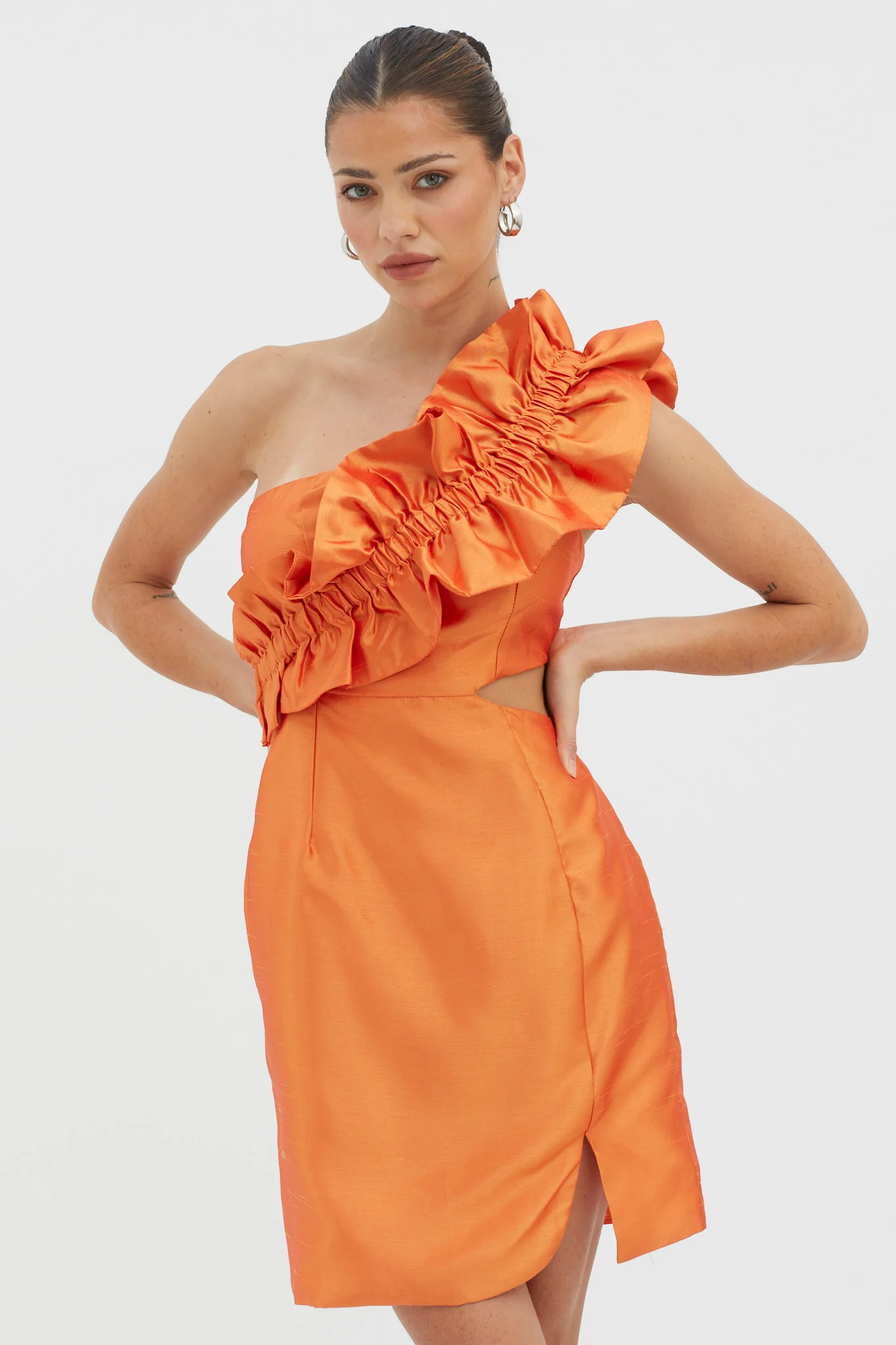 NY Moment Wide Ruffle Shoulder Mini Dress Orange - Sonourner
