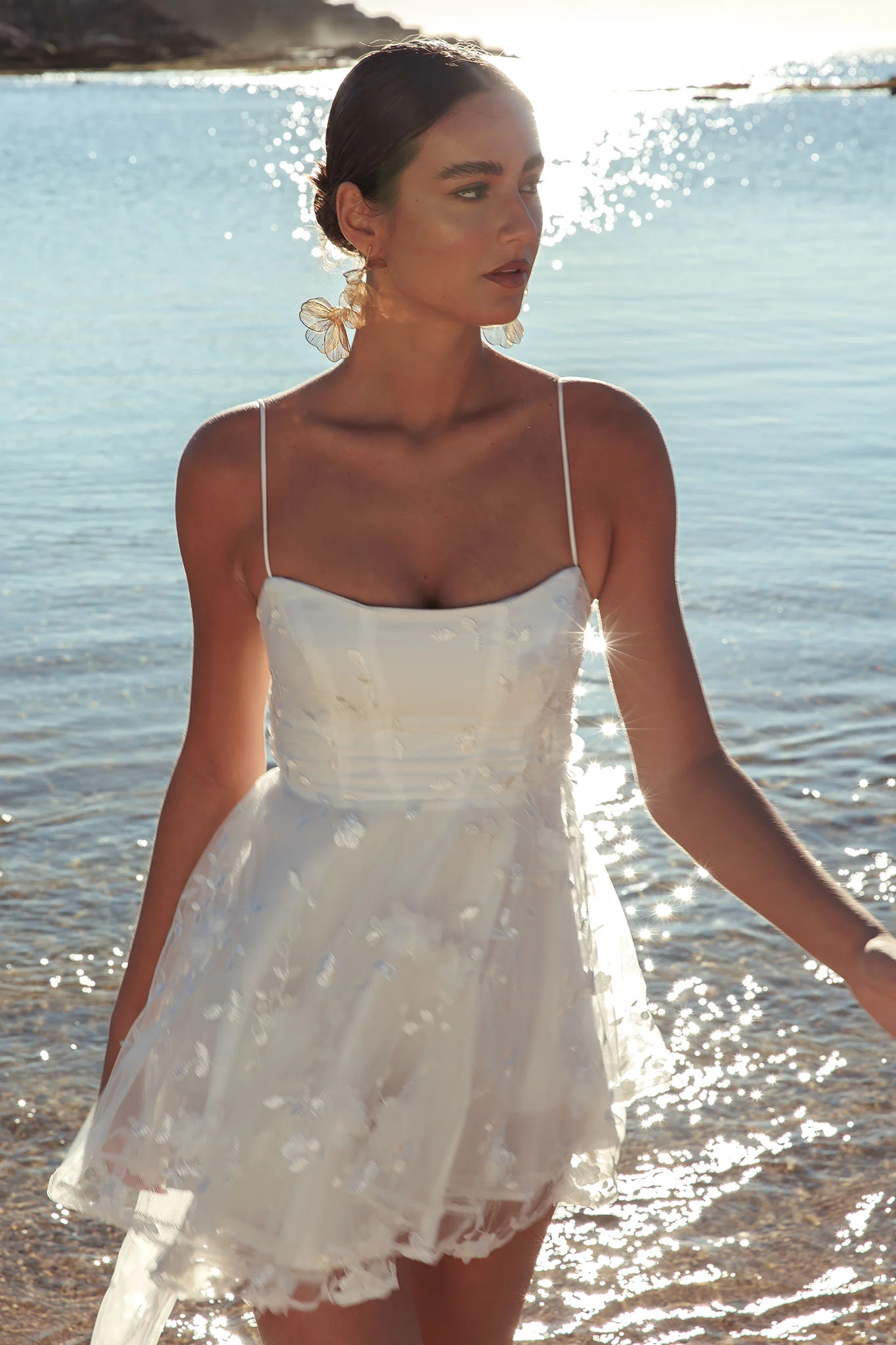 Athens Floral Bow Mini Dress White - Sonourner