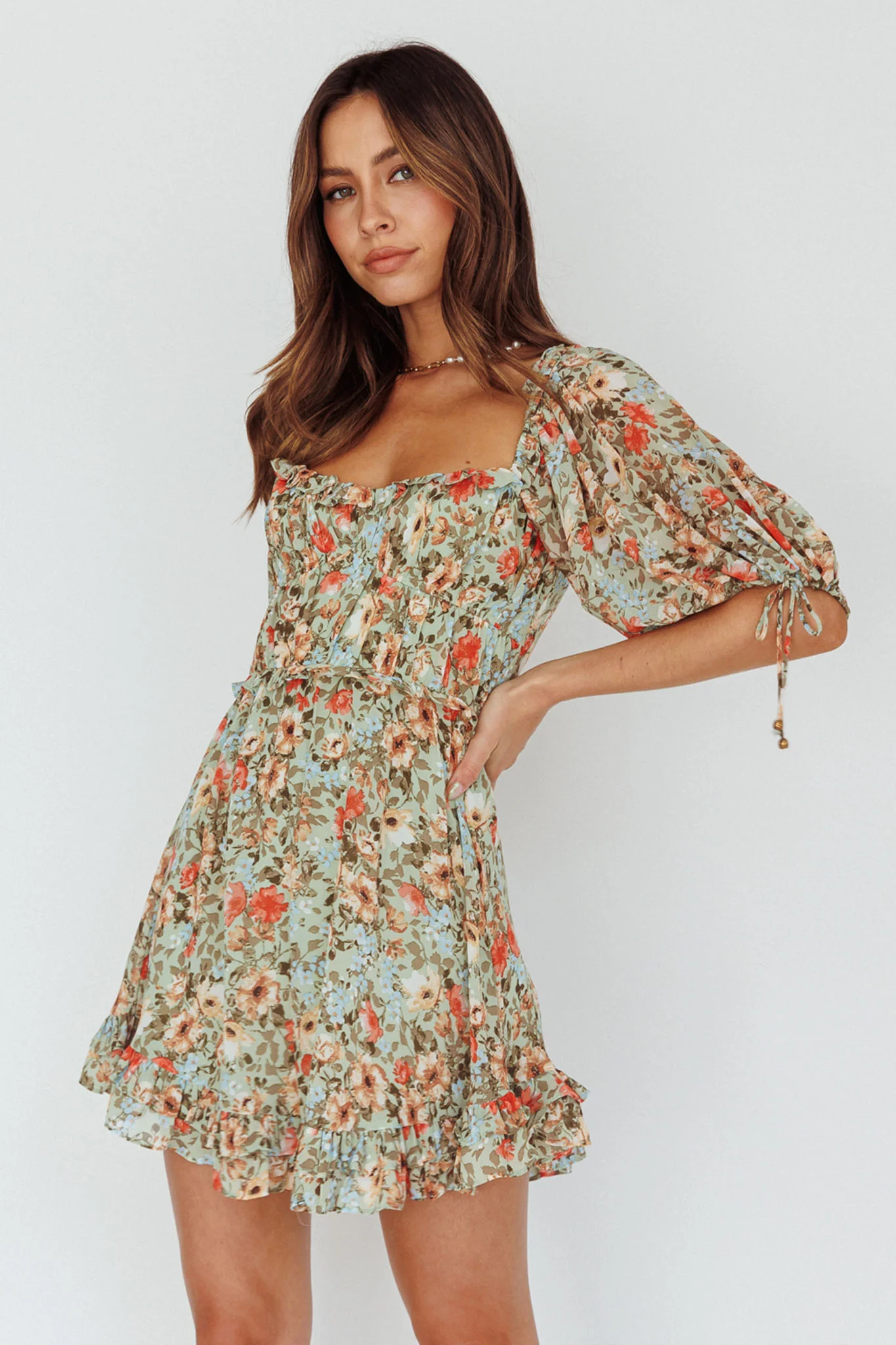 Kirra Puff Sleeve Ruched Bodice Dress Floral Green - Sonourner