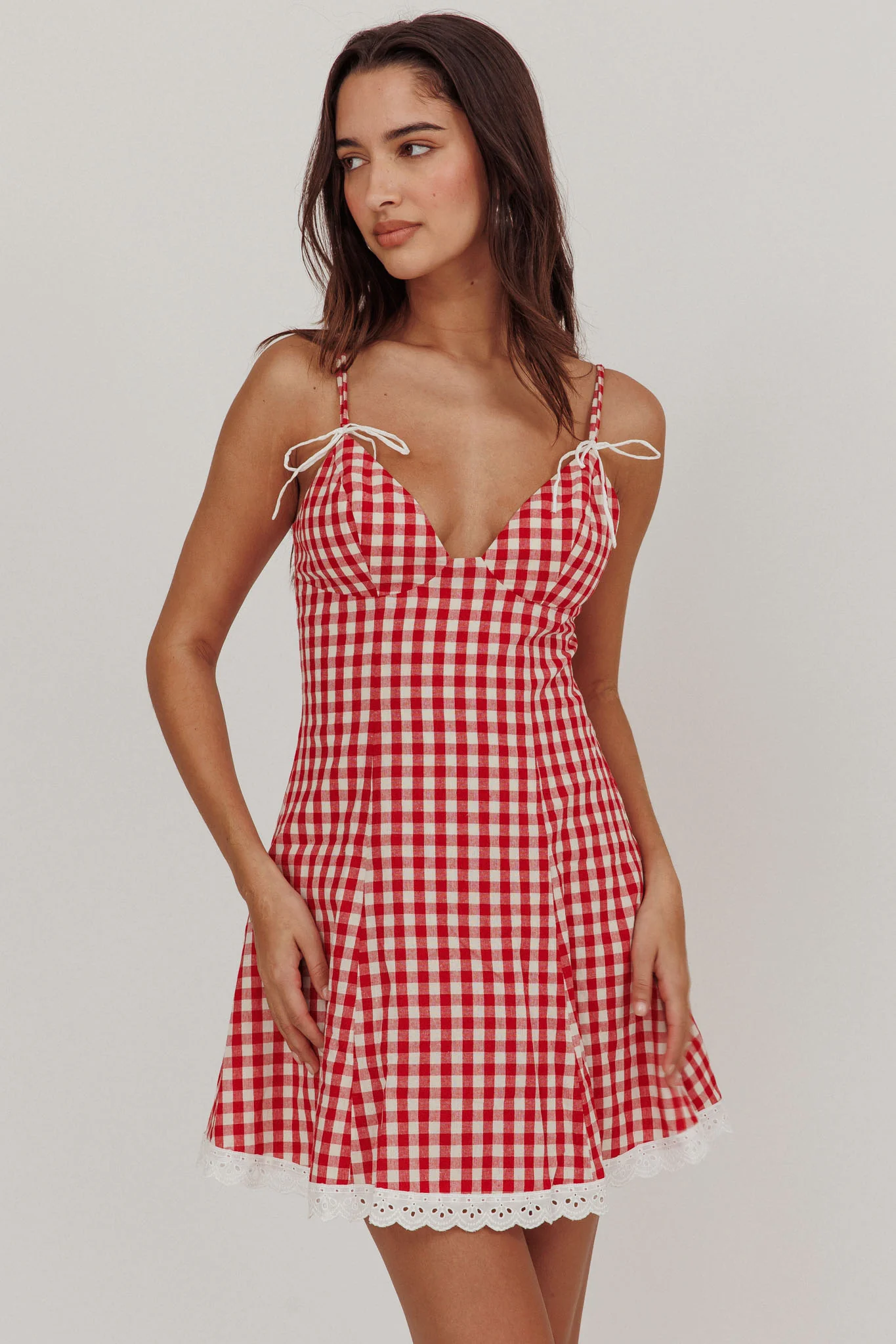 Noelle Lace Trim Mini Dress Gingham Red - Sonourner