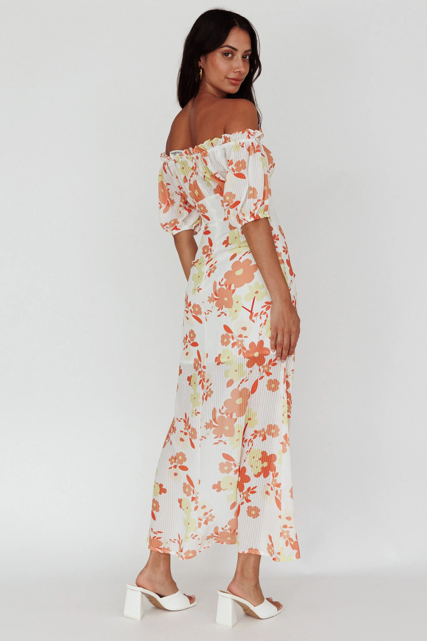 Jalynn Off-Shoulder Split Midi Dress Floral Orange - Sonourner