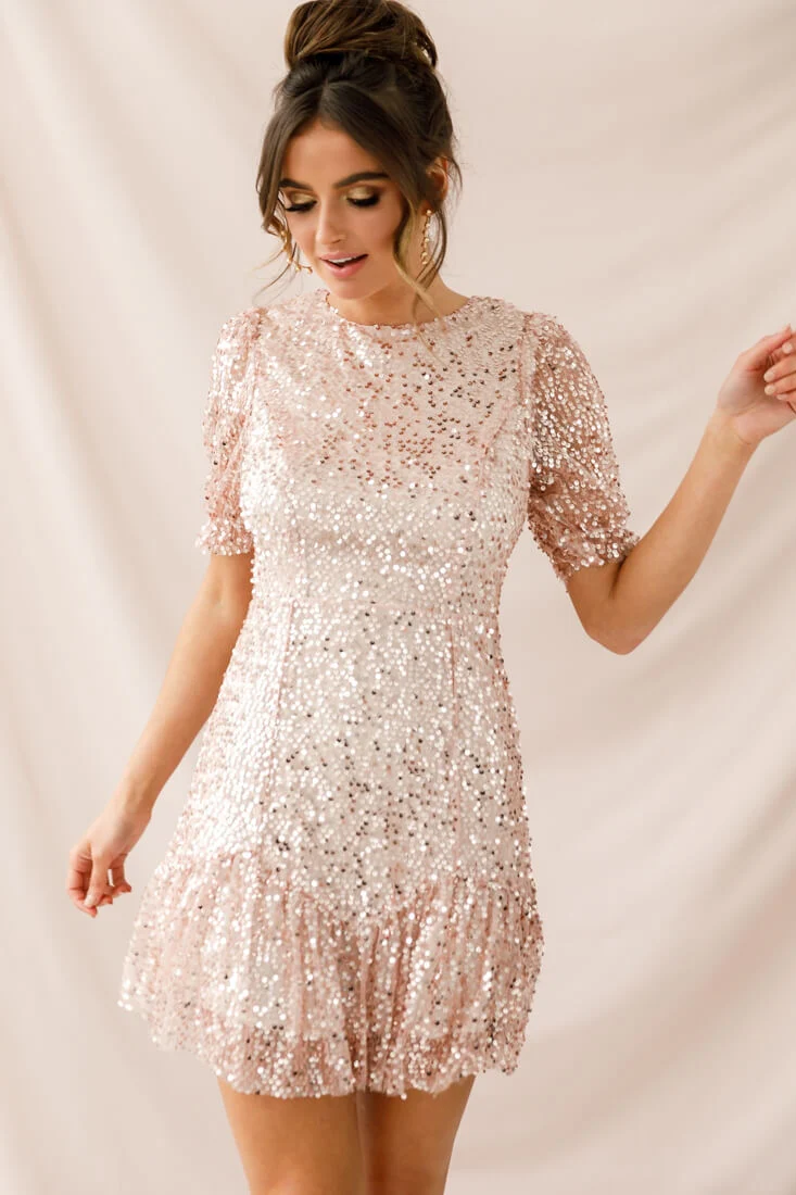 Shine On Sequin Overlay Puff Sleeve Dress Gold - Sonourner
