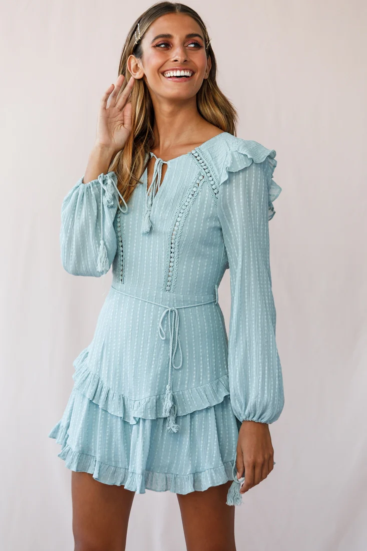 Yours Truly Bell Sleeve Ruffle Dress Sage - Sonourner