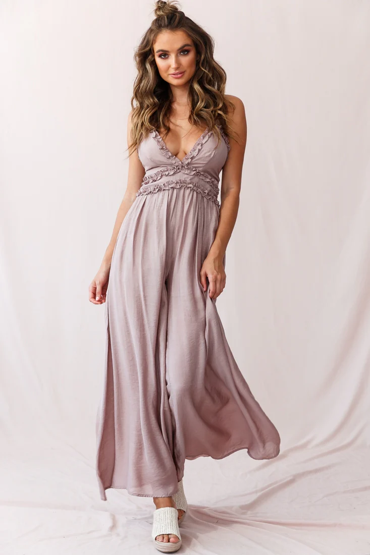 Laney Wide Leg Ruffle Detail Jumpsuit Mocha - Sonourner