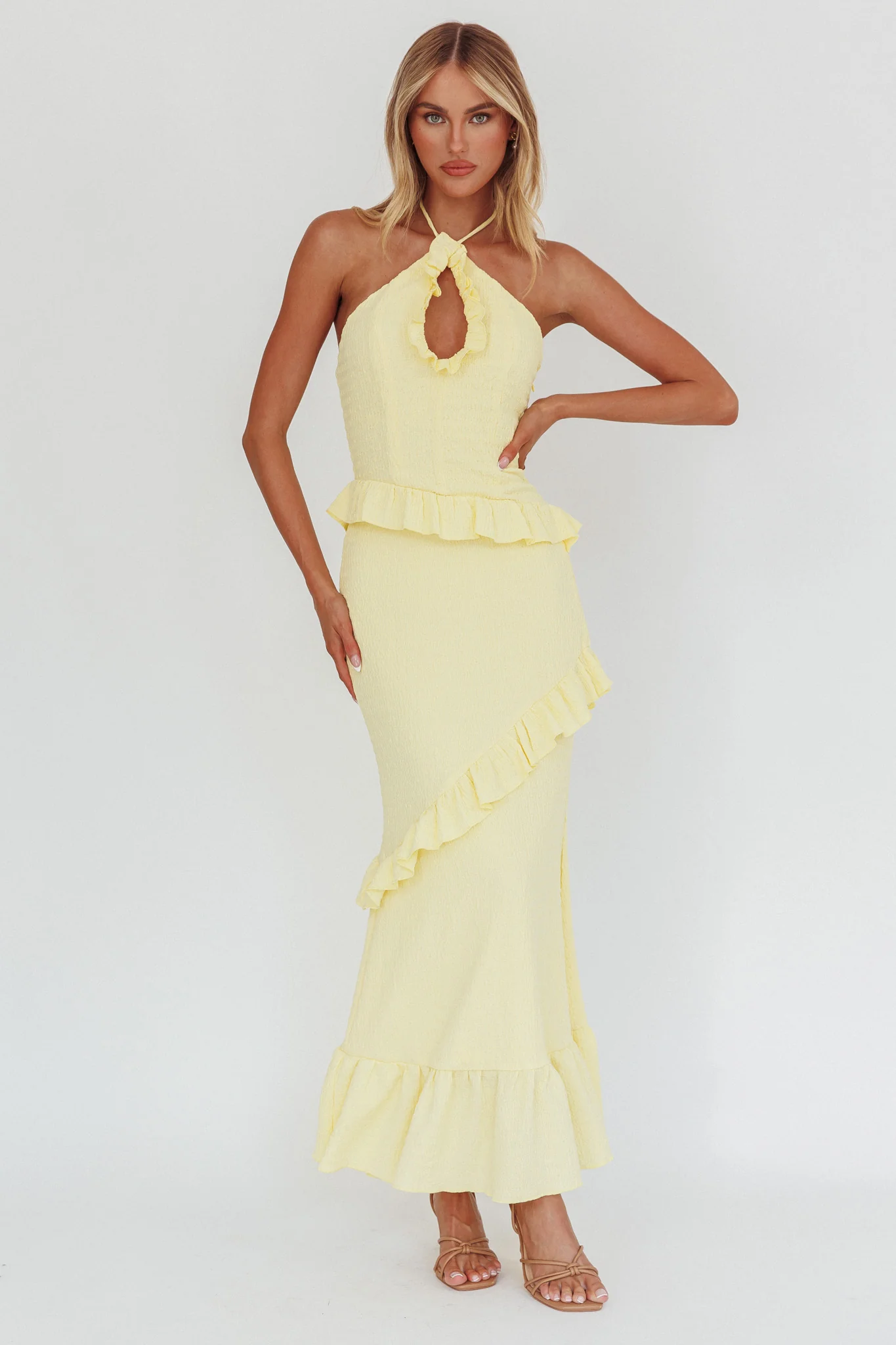 Clemence Smocked Frill Trim Maxi Dress Lemon - Sonourner