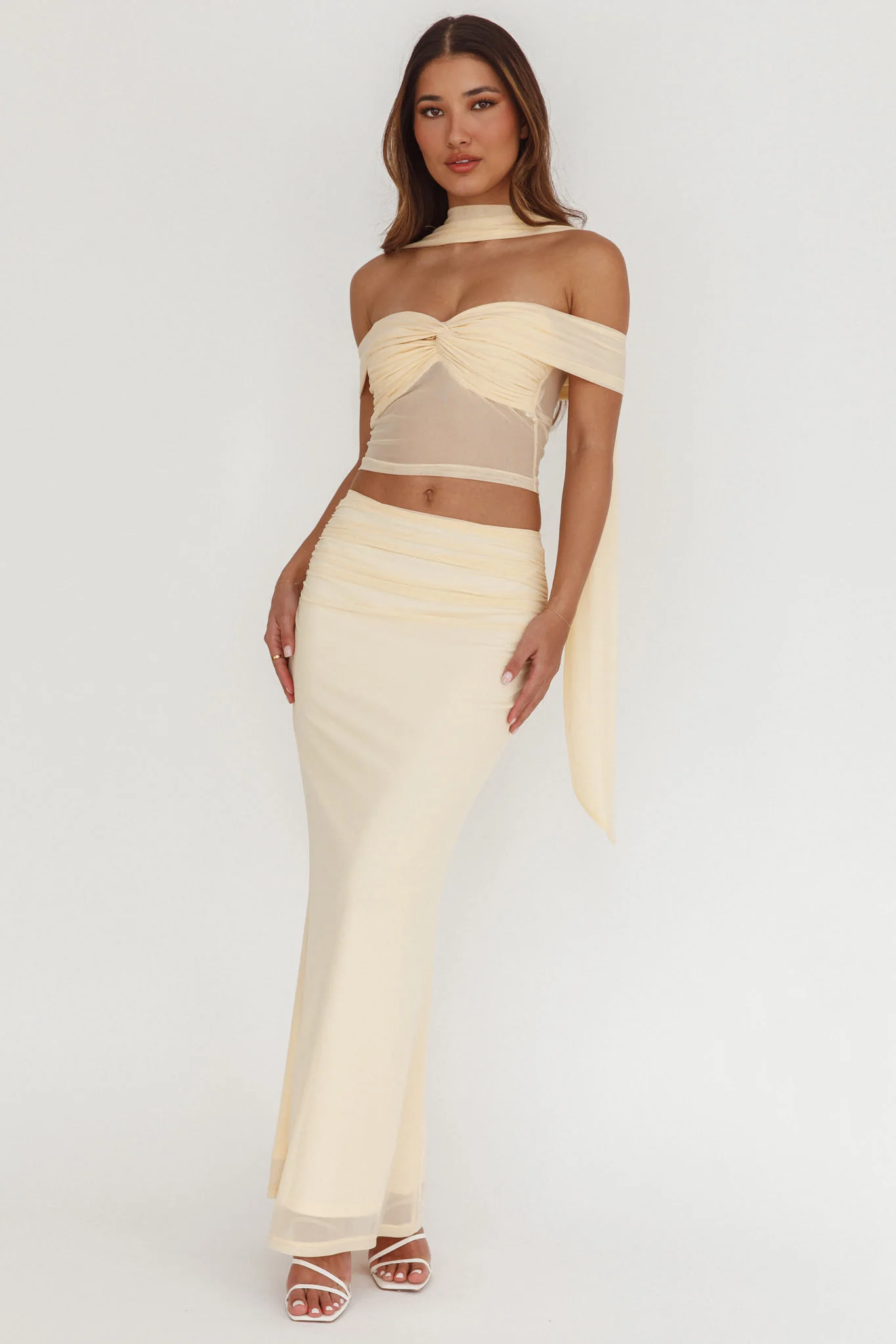 All The Lights Ruched Midi Skirt Cream - Sonourner